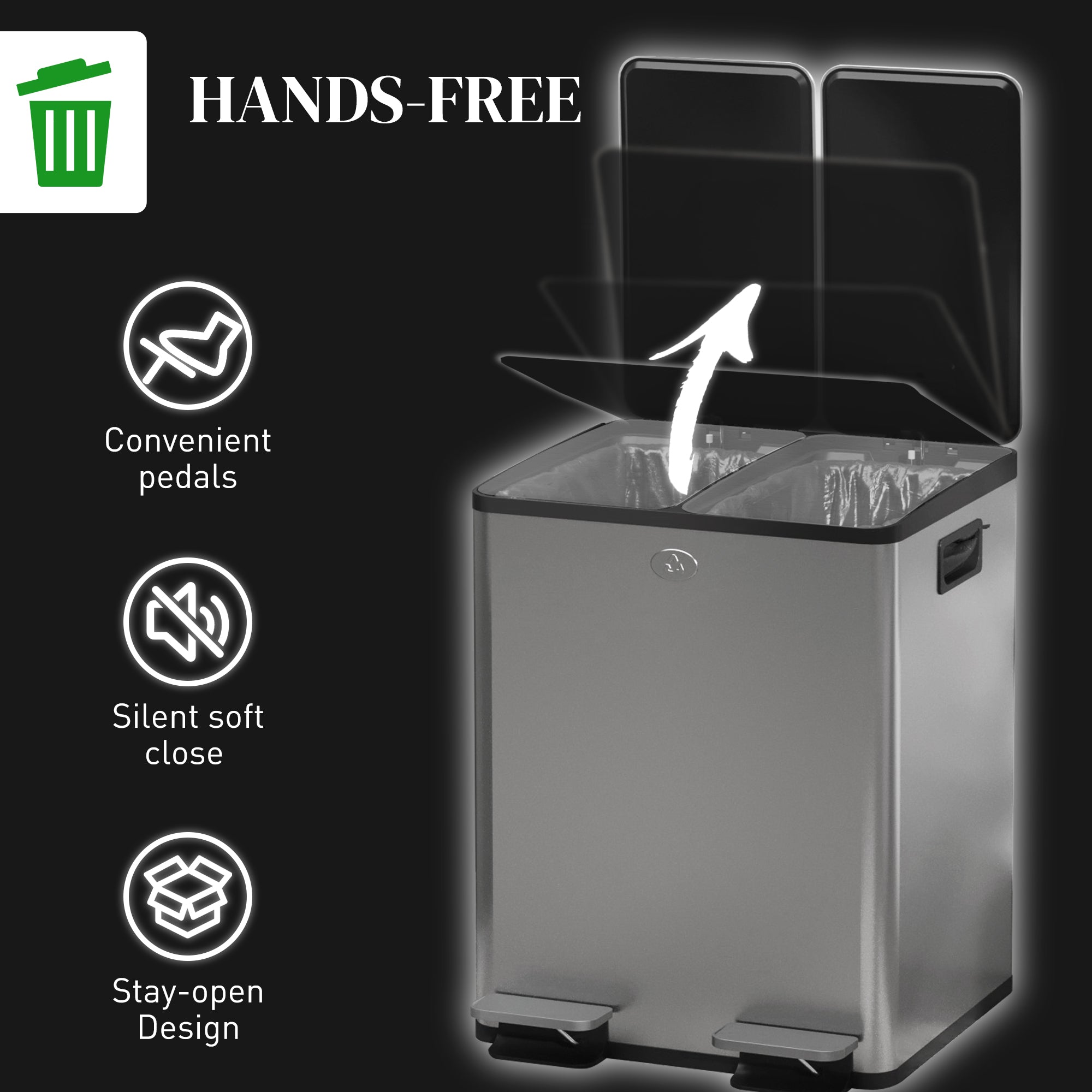 HOMCOM Dual Kitchen Garbage Bin, 2 x 5 Gallon (2 x 20 L) Trash Can with Foot Pedal, Soft-Close Garbage Can with Removable Inner Buckets, Fingerprint-Proof for Kitchen, Silver