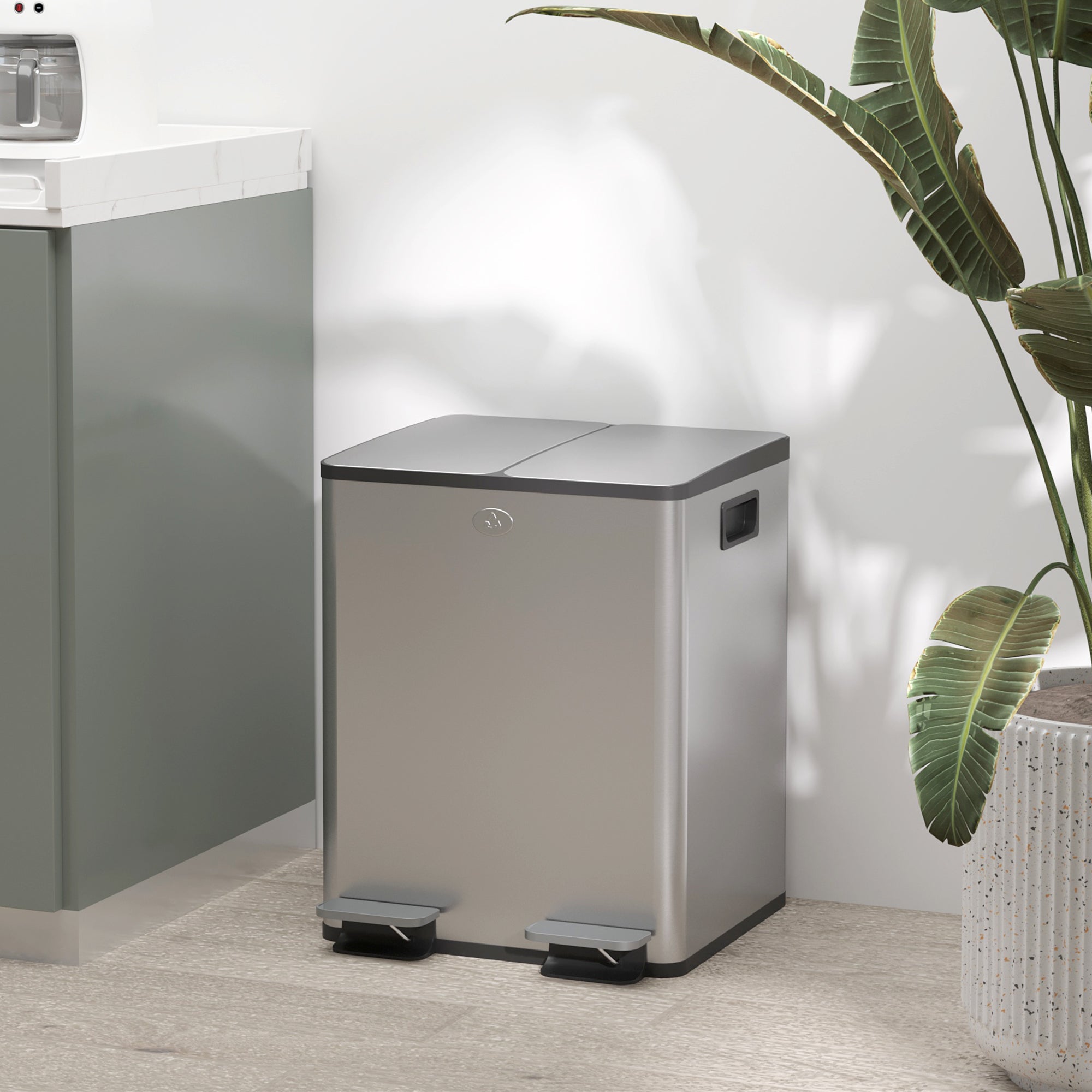 HOMCOM Dual Kitchen Garbage Bin, 2 x 5 Gallon (2 x 20 L) Trash Can with Foot Pedal, Soft-Close Garbage Can with Removable Inner Buckets, Fingerprint-Proof for Kitchen, Silver