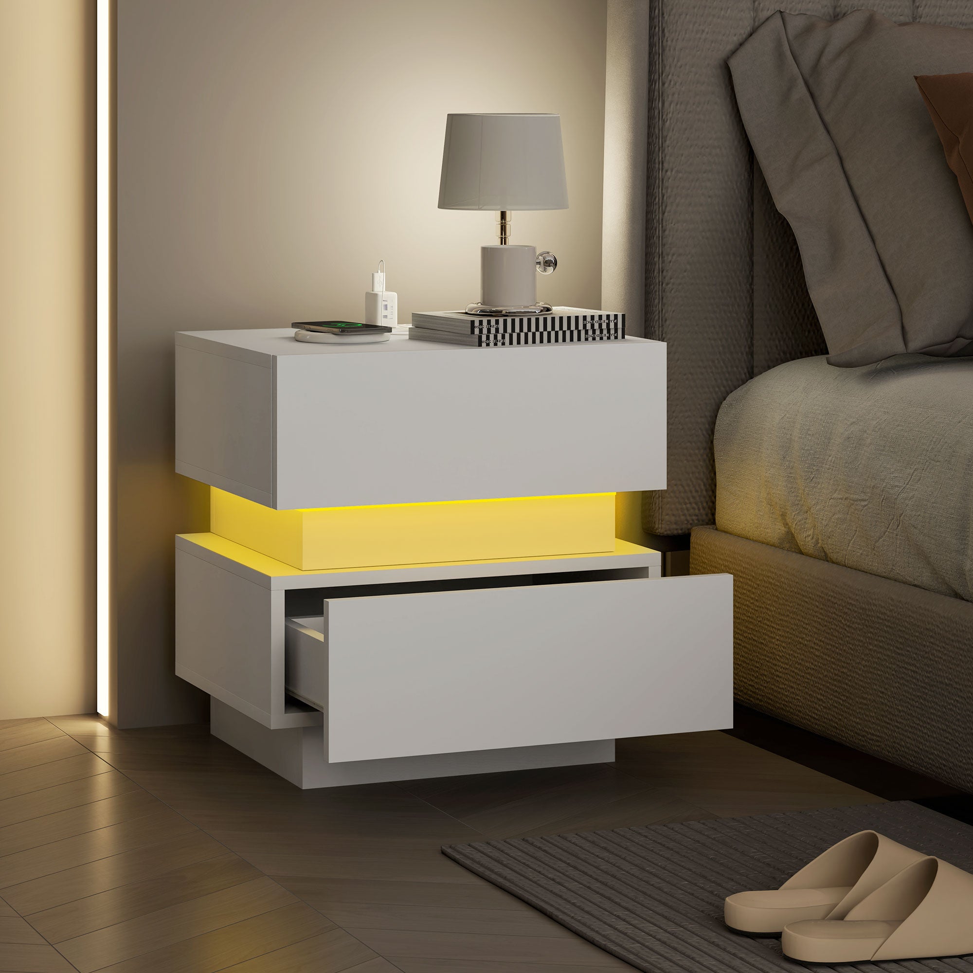 HOMCOM Nightstand with Charging Station and LED Light, Bedside Table with USB Ports and AC Outlets, Side Table with Storage and Remote for Bedroom, White