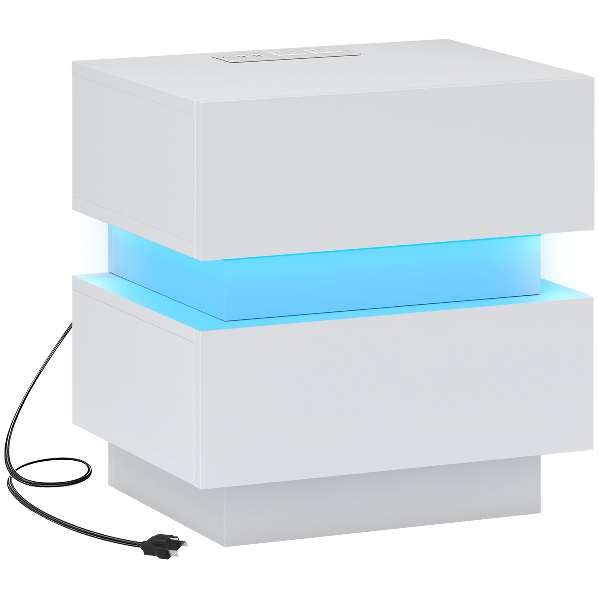 HOMCOM Nightstand with Charging Station and LED Light, Bedside Table with USB Ports and AC Outlets, Side Table with Storage and Remote for Bedroom, White