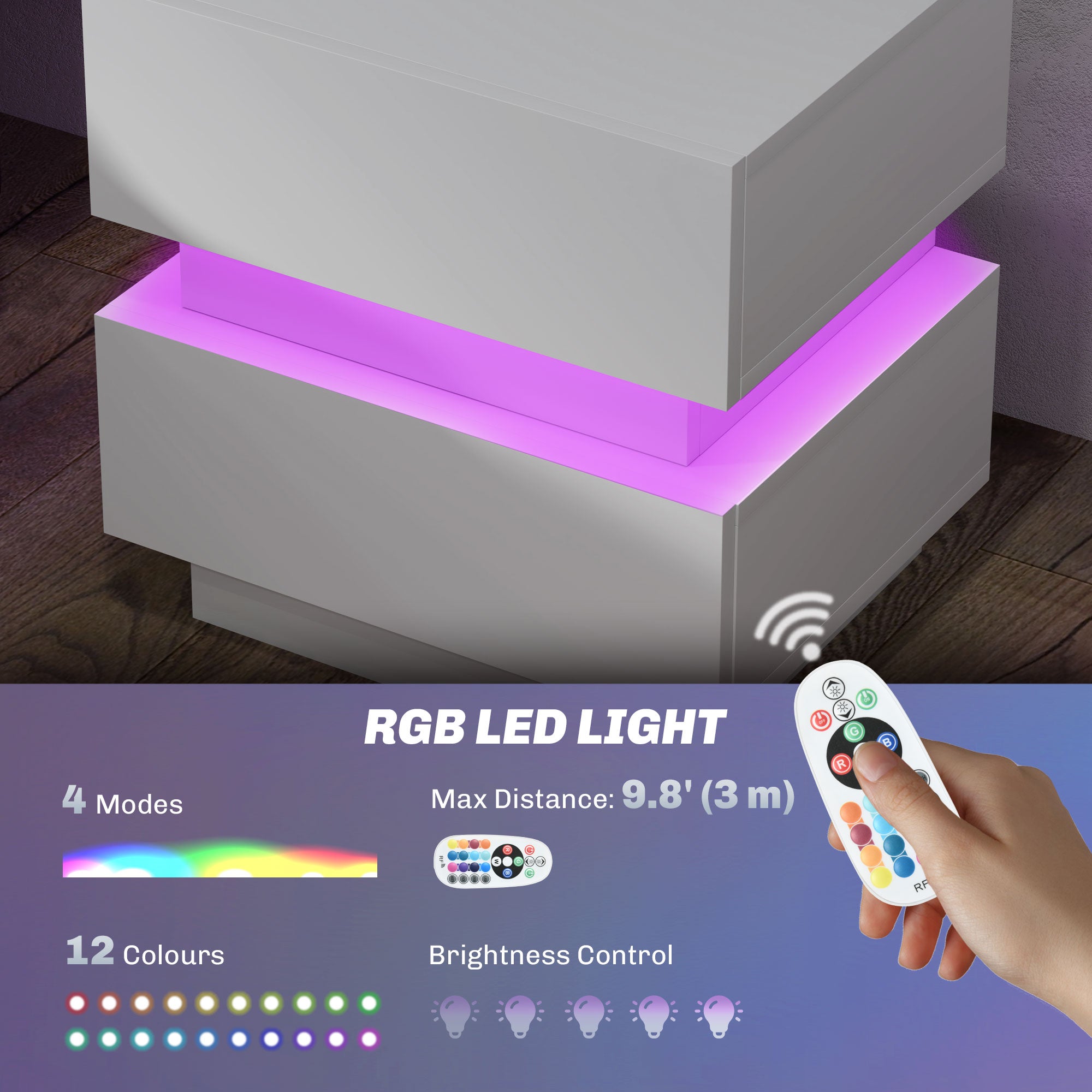 HOMCOM Nightstand with Charging Station and LED Light, Bedside Table with USB Ports and AC Outlets, Side Table with Storage and Remote for Bedroom, White