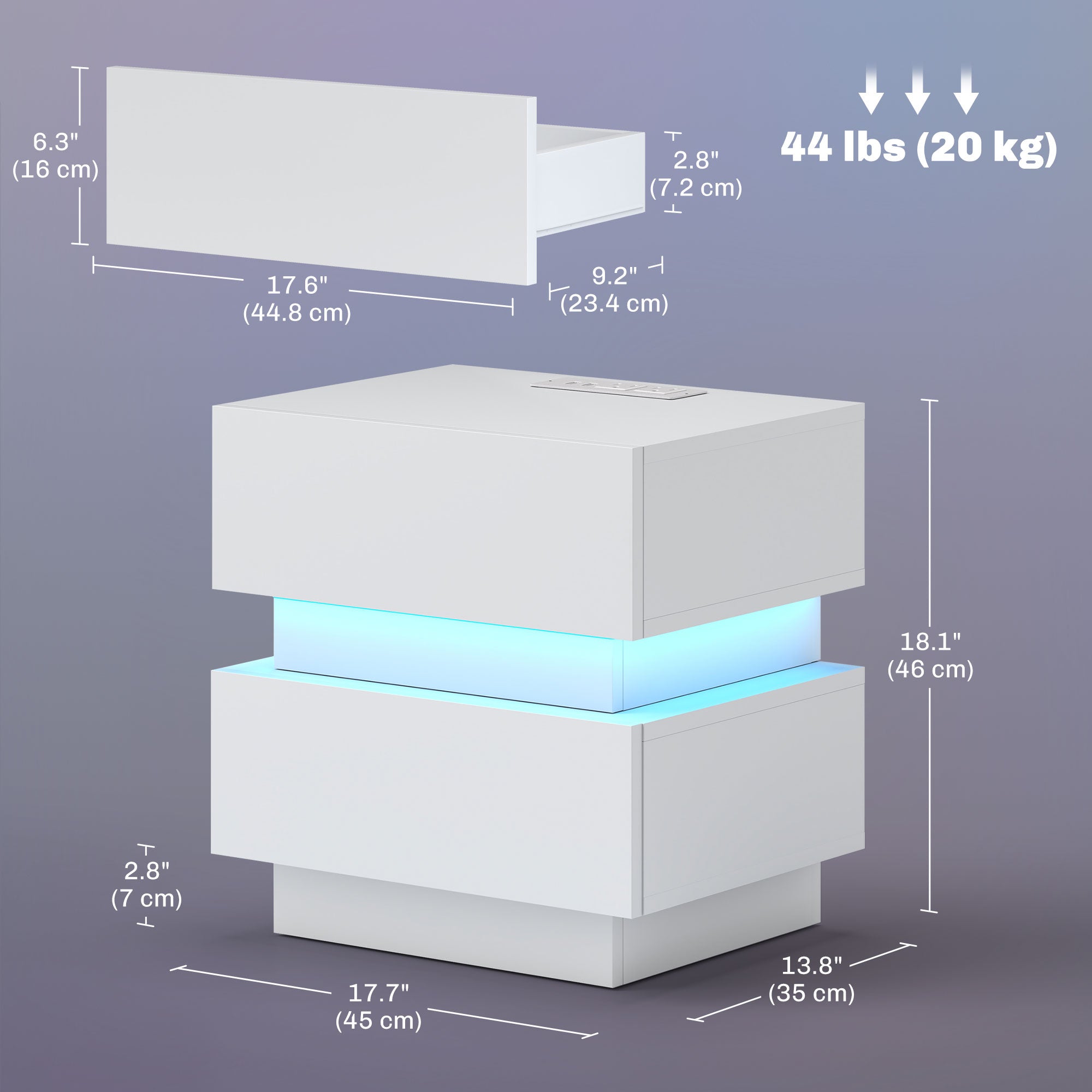 HOMCOM Nightstand with Charging Station and LED Light, Bedside Table with USB Ports and AC Outlets, Side Table with Storage and Remote for Bedroom, White