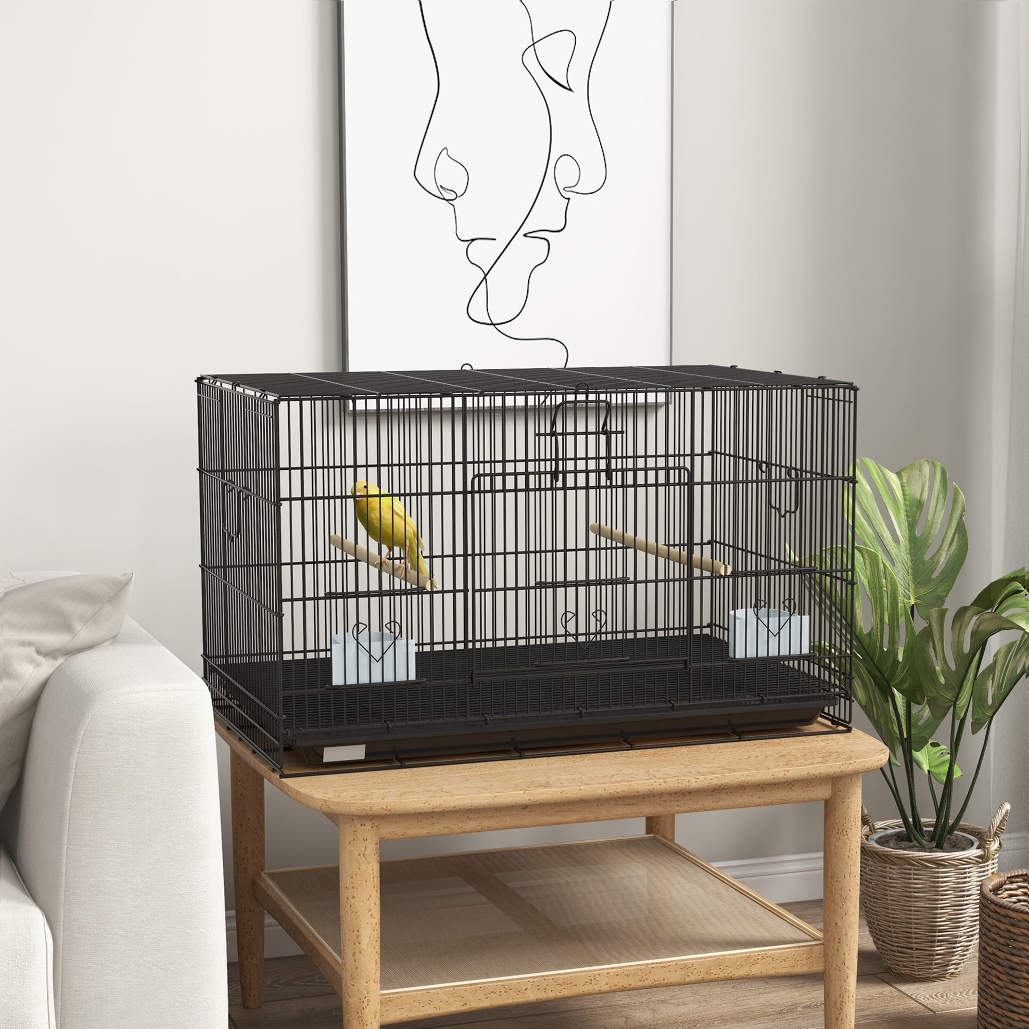 PawHut Birdcage for Canaries, Lovebirds Finches, Budgie Cage with Removable Tray, Bottom Mesh Panel, Wooden Perches, Swing, Ramp, Food Containers, 30