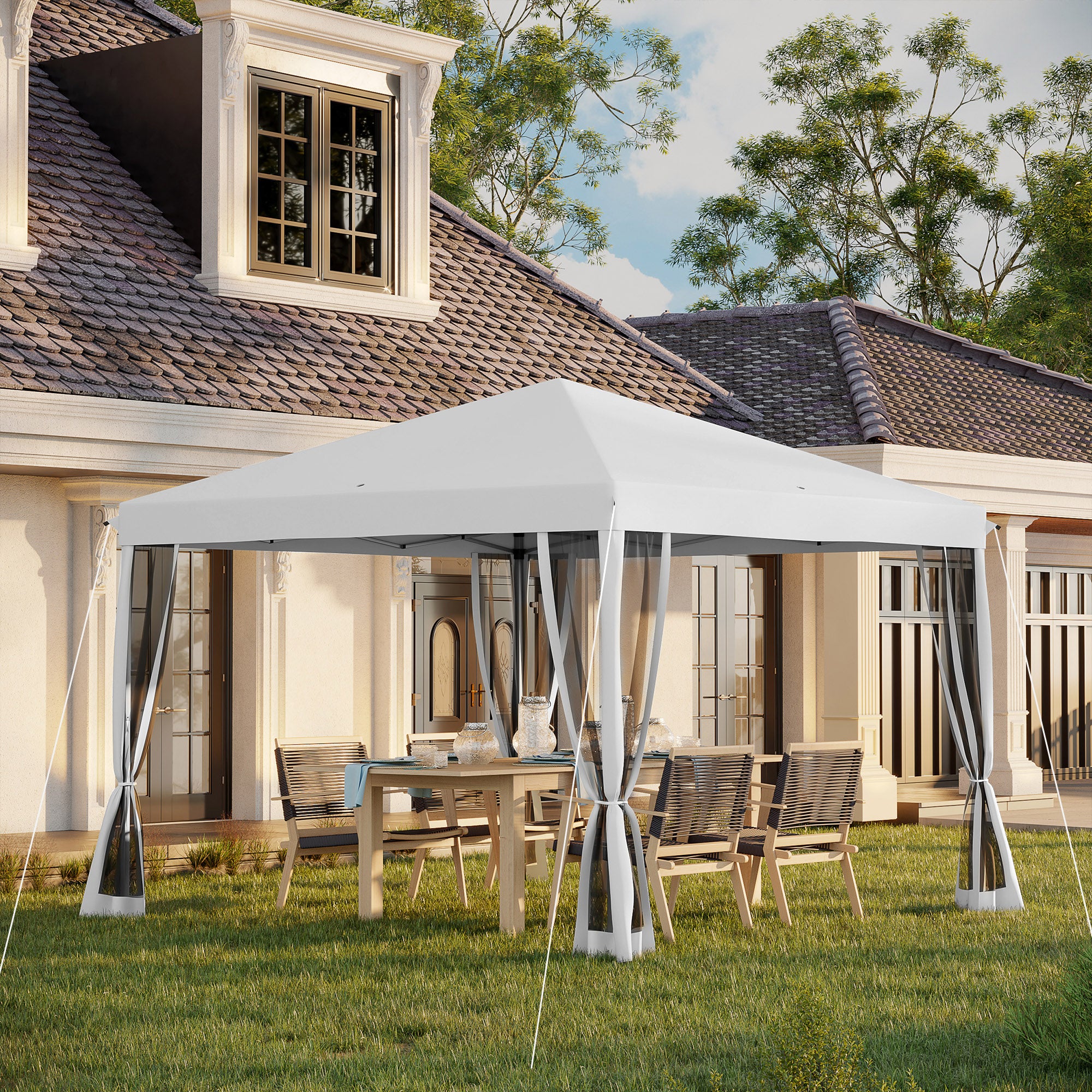 Outsunny 10' x 10' Pop Up Canopy Tent Gazebo with Removable Mesh Sidewall Netting, Carry Bag for Backyard Patio Outdoor, Cream
