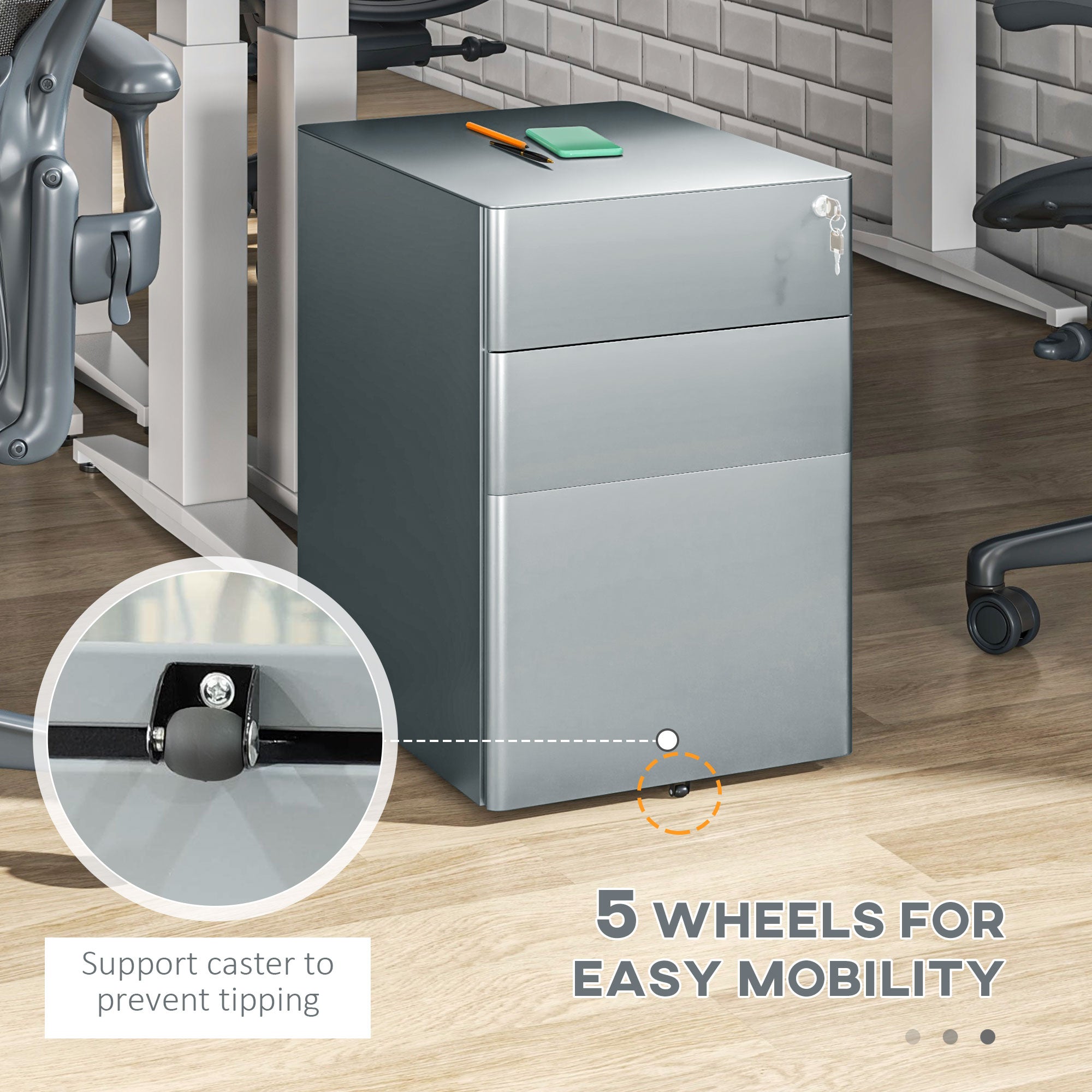 Vinsetto 3 Drawer Vertical File Cabinet, Lockable Steel Filing Cabinet with Hanging Bar for Letter A4 Legal Size Files, Printer Stand with Pre-Assembled Body, Grey