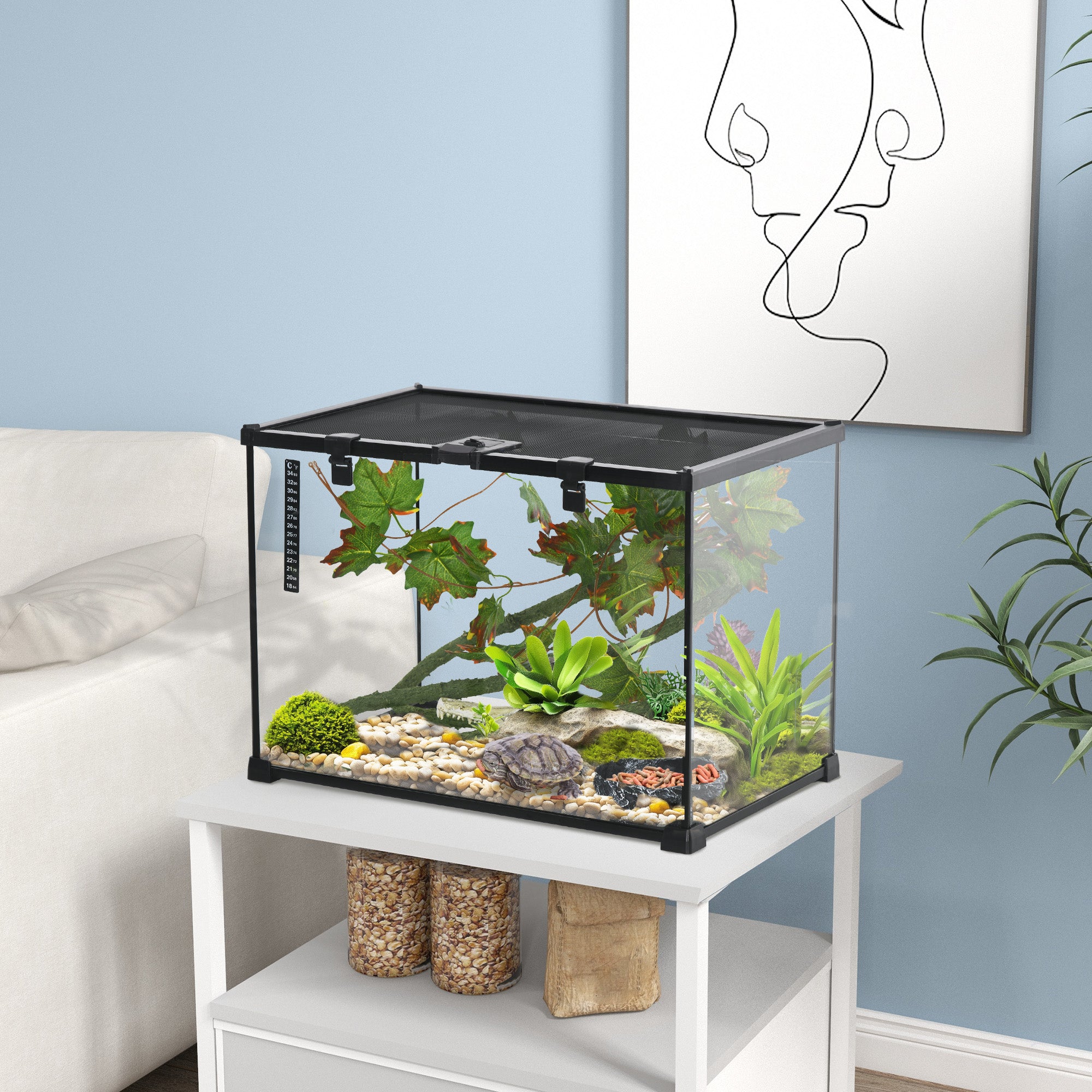 PawHut Vivarium, Terrarium, Glass Reptile Habitat w/ Thermometer, Decoration, Heat for Lizards, Horned Frogs, Snakes, Spiders, 50 x 30 x 35cm