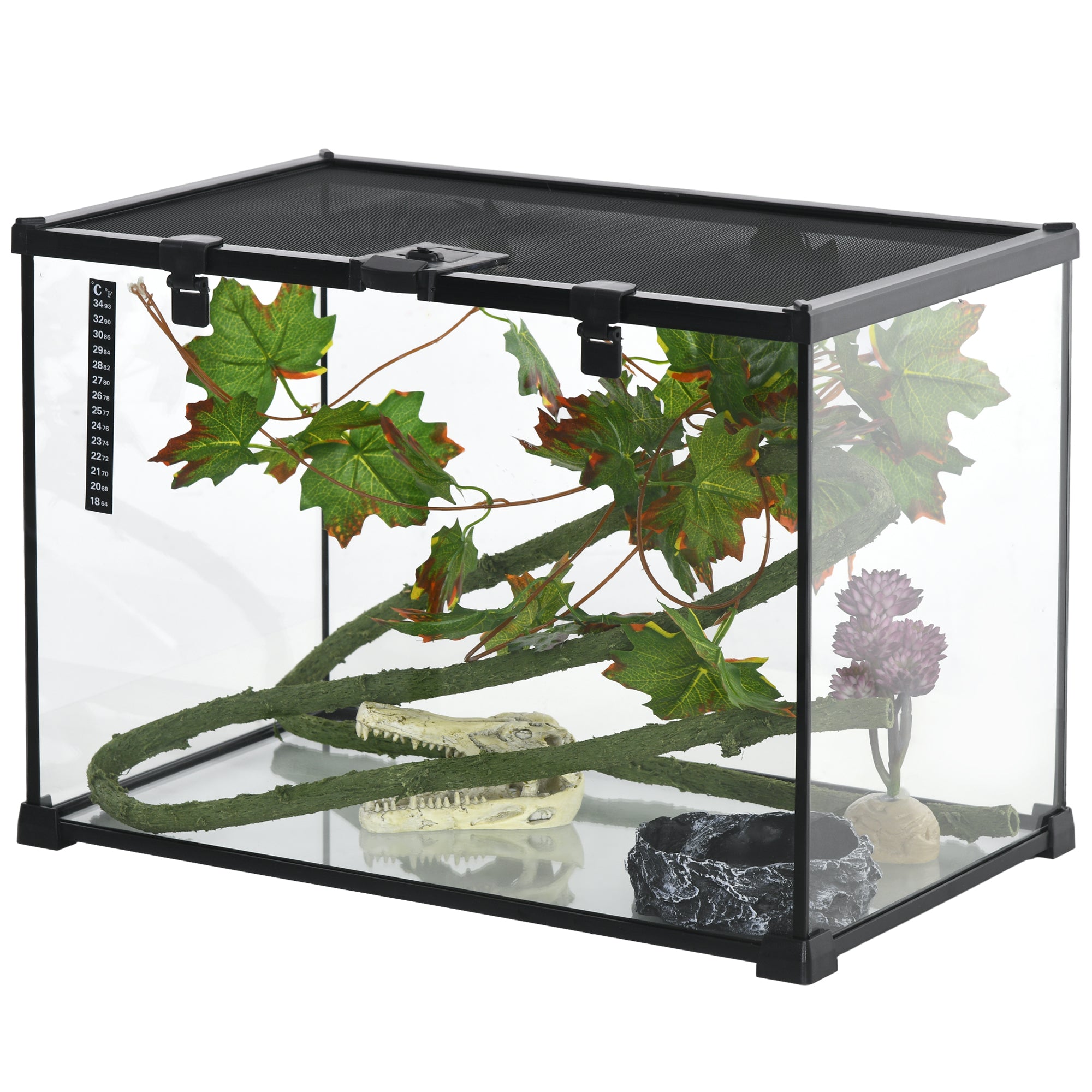 PawHut Vivarium, Terrarium, Glass Reptile Habitat w/ Thermometer, Decoration, Heat for Lizards, Horned Frogs, Snakes, Spiders, 50 x 30 x 35cm