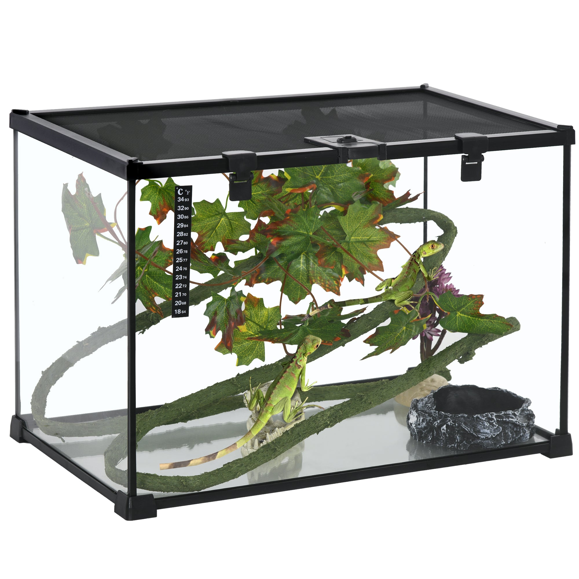 PawHut Vivarium, Terrarium, Glass Reptile Habitat w/ Thermometer, Decoration, Heat for Lizards, Horned Frogs, Snakes, Spiders, 50 x 30 x 35cm
