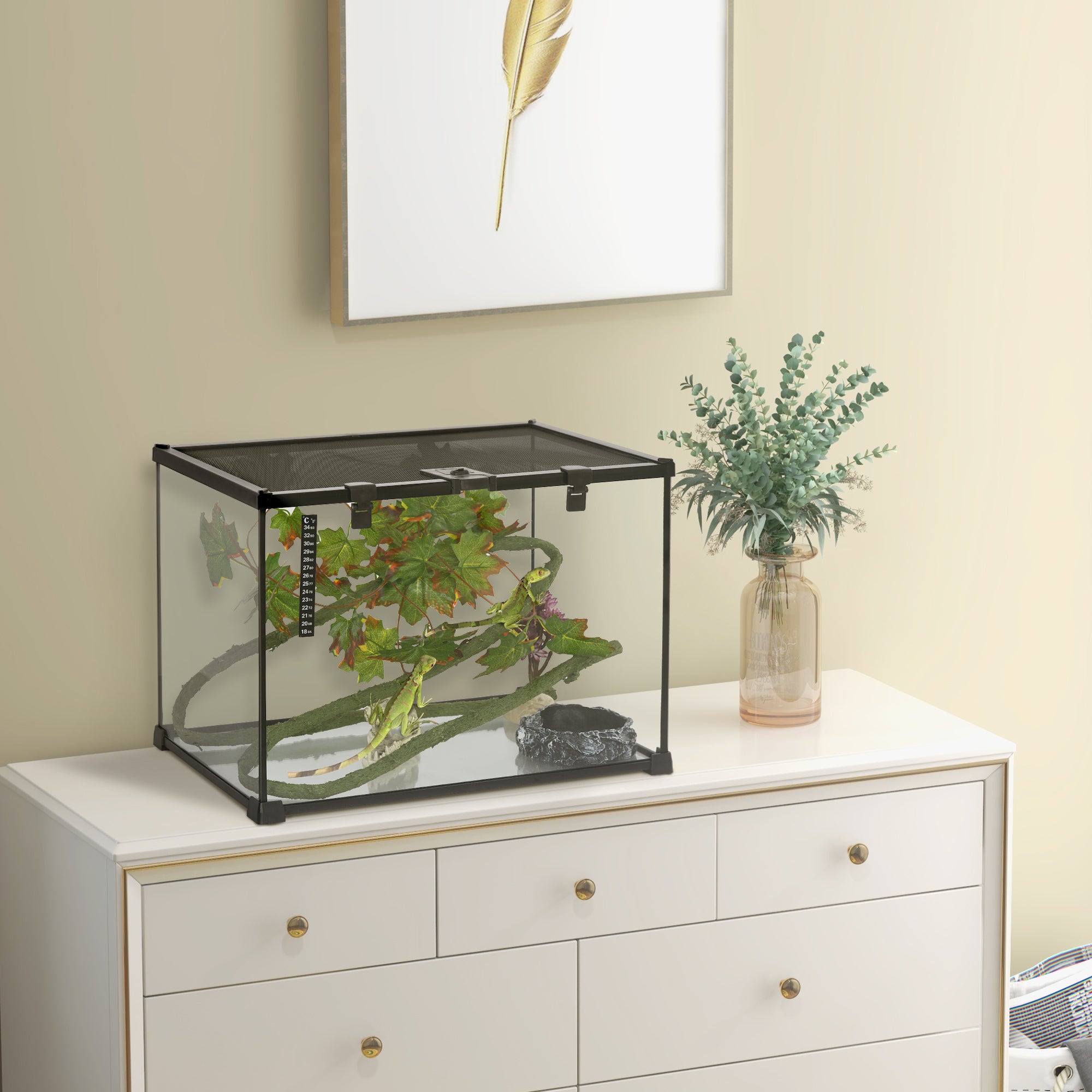 PawHut Vivarium, Terrarium, Glass Reptile Habitat w/ Thermometer, Decoration, Heat for Lizards, Horned Frogs, Snakes, Spiders, 50 x 30 x 35cm