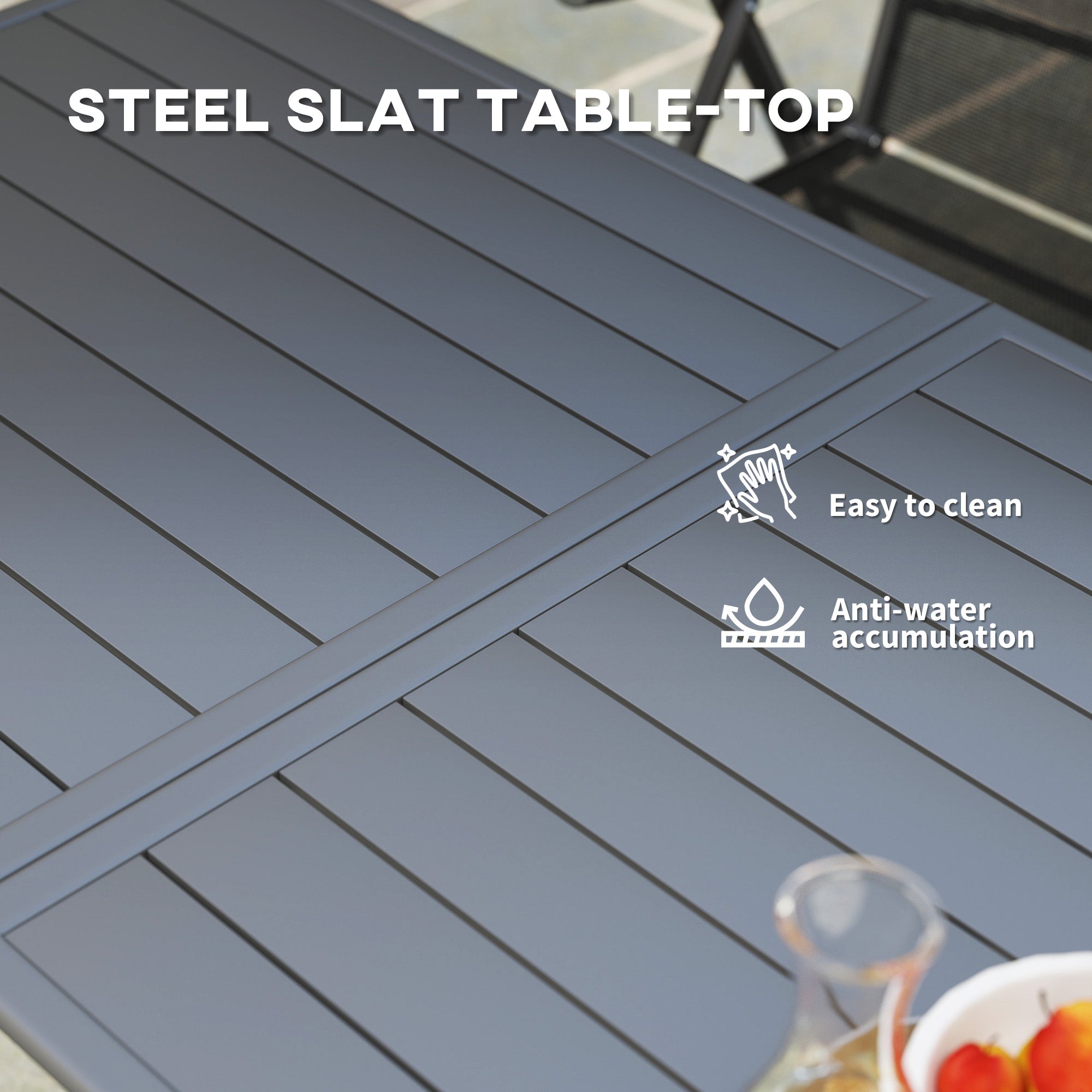 Outsunny Patio Dining Table for 6, Outdoor Metal Steel Slat Table, Rectangle Outdoor Dining Table for Lawn, Garden, Porch, Backyard, 59" x 31.5" x 29", Grey