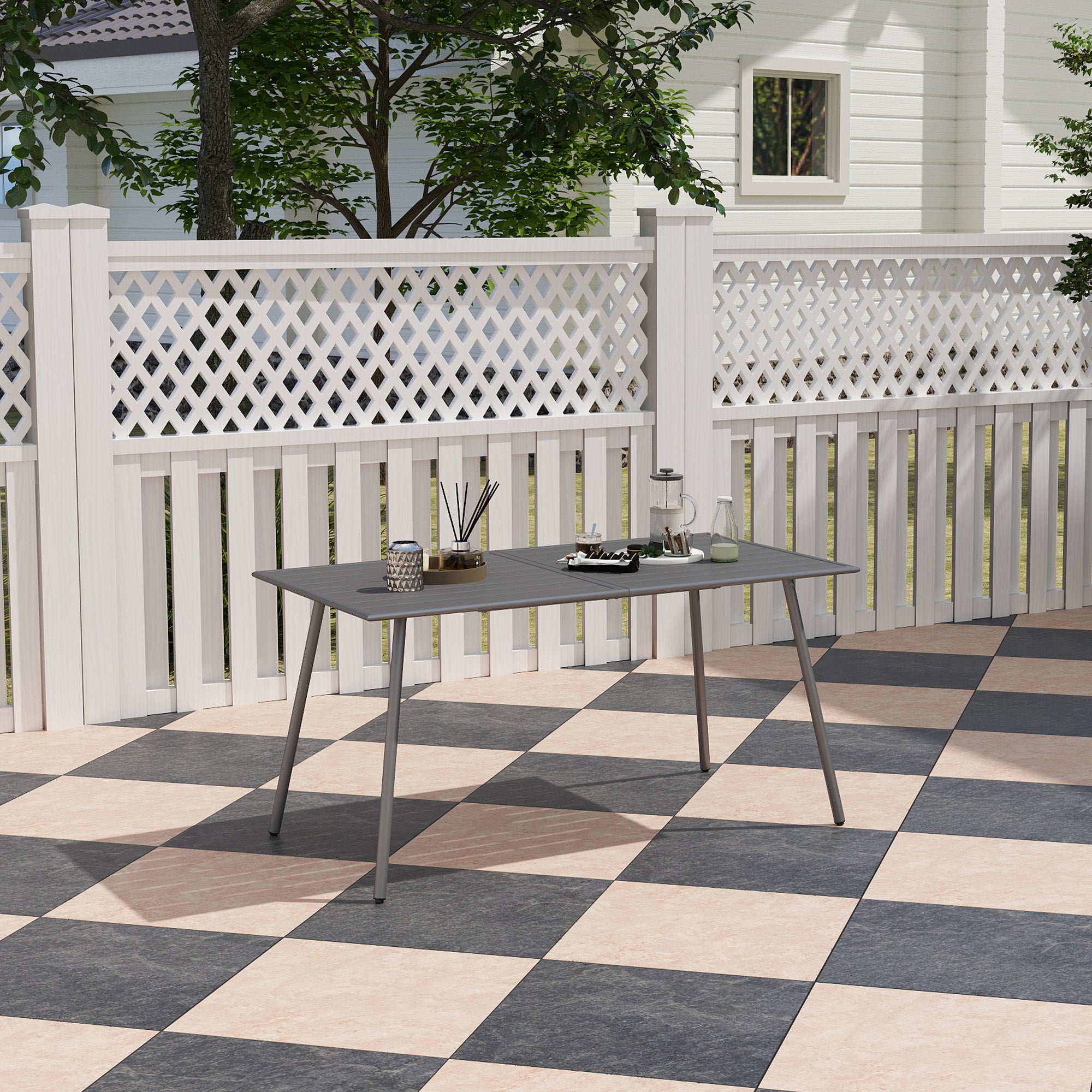 Outsunny Patio Dining Table for 6, Outdoor Metal Steel Slat Table, Rectangle Outdoor Dining Table for Lawn, Garden, Porch, Backyard, 59" x 31.5" x 29", Grey