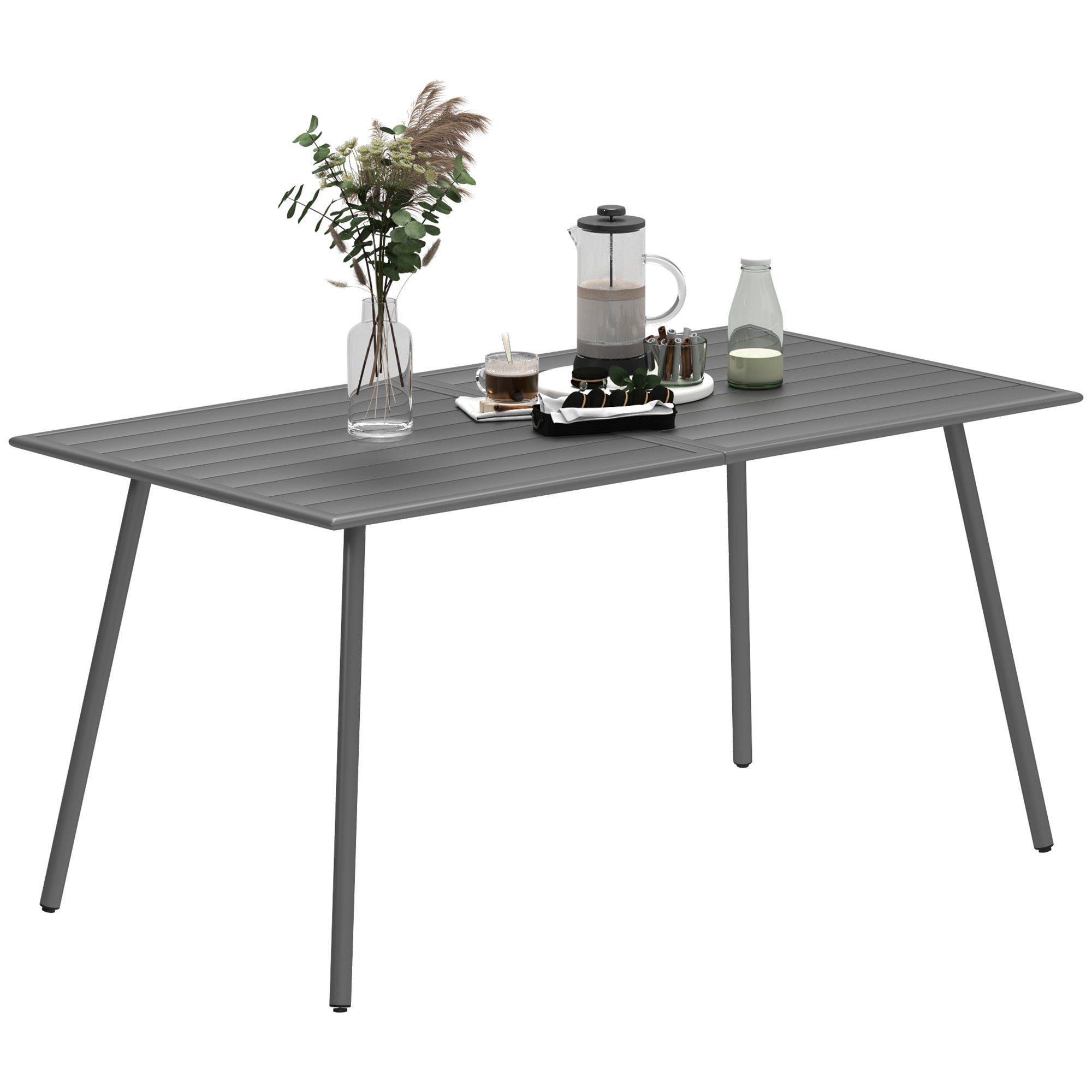 Outsunny Patio Dining Table for 6, Outdoor Metal Steel Slat Table, Rectangle Outdoor Dining Table for Lawn, Garden, Porch, Backyard, 59