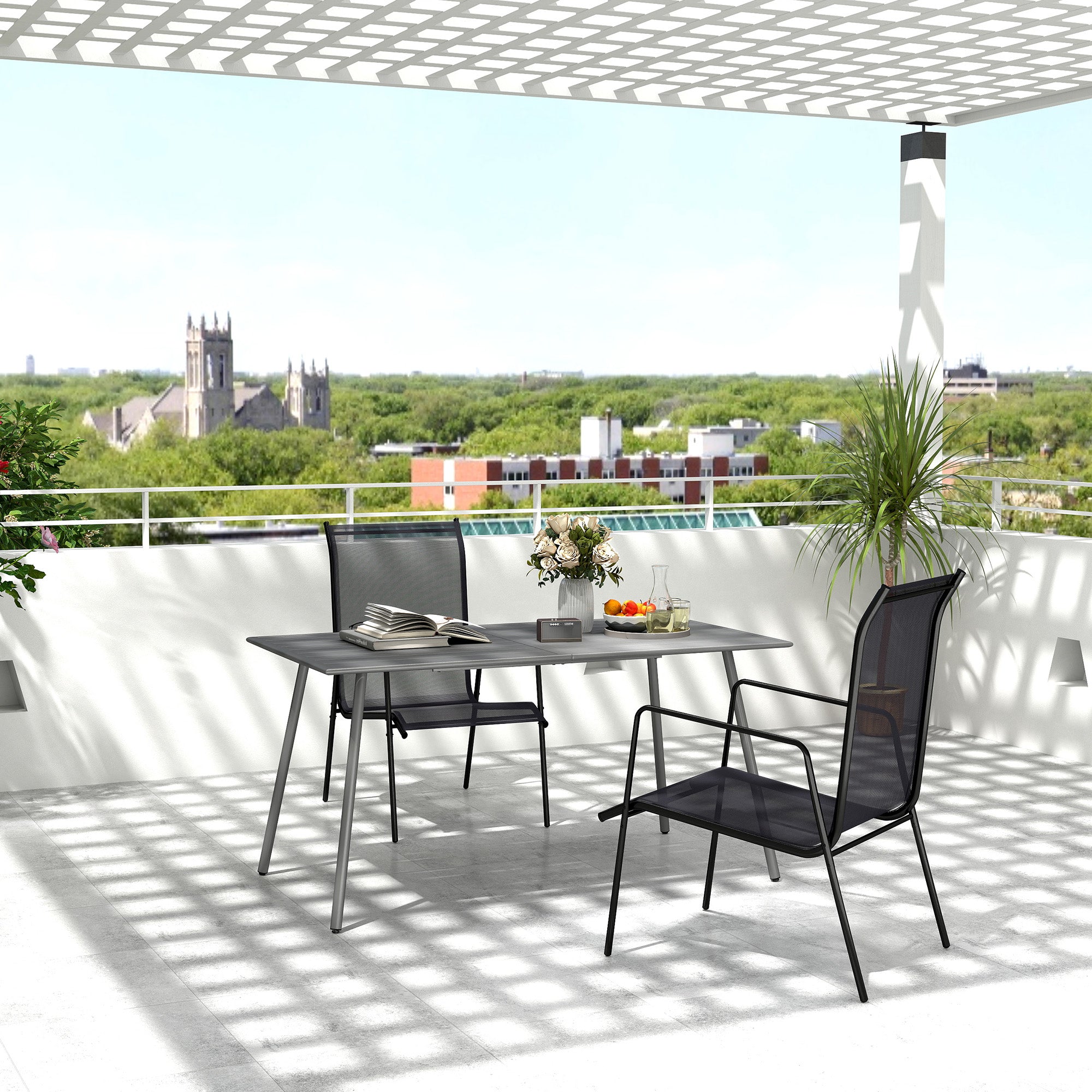 Outsunny Patio Dining Table for 6, Outdoor Metal Steel Slat Table, Rectangle Outdoor Dining Table for Lawn, Garden, Porch, Backyard, 59" x 31.5" x 29", Grey