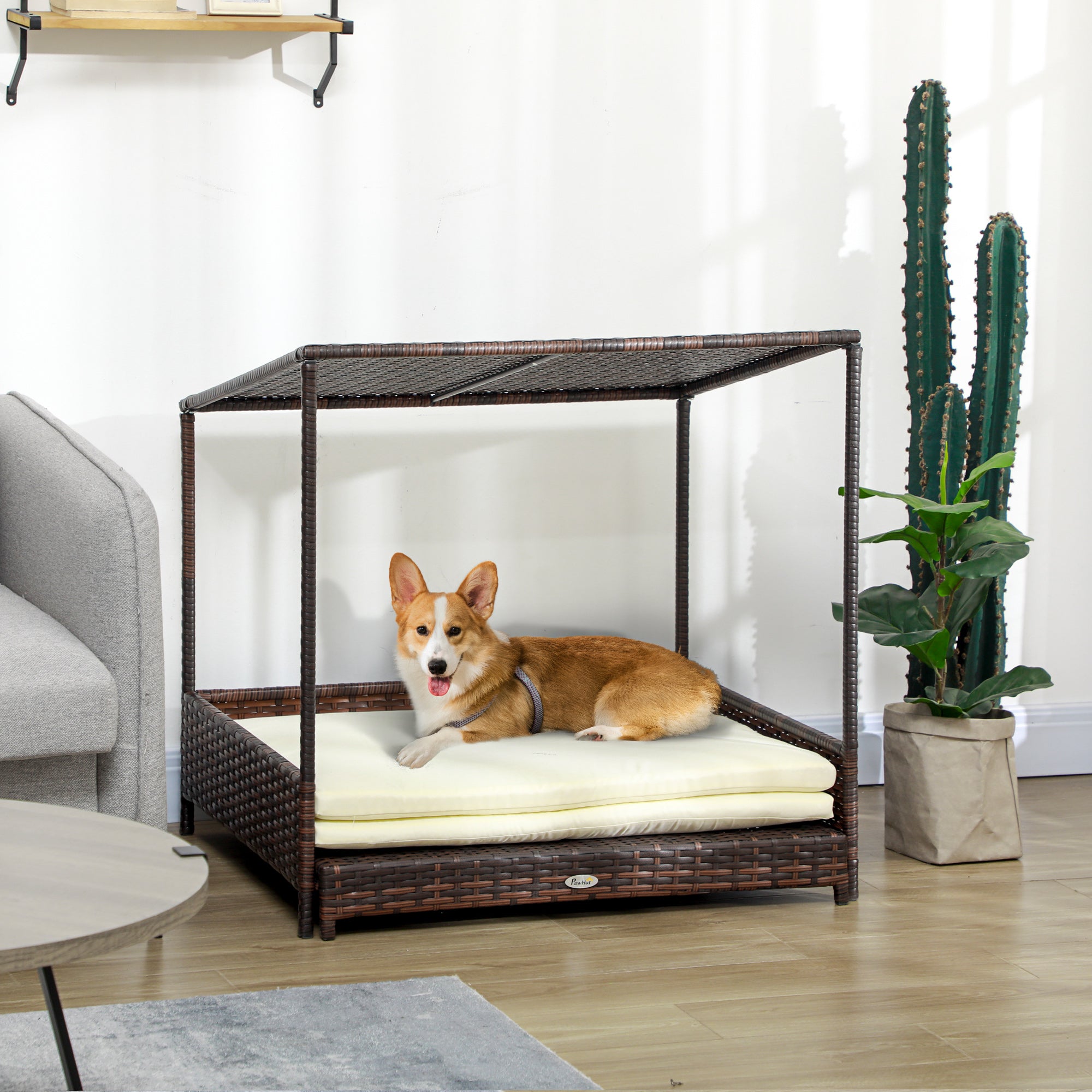 PawHut Wicker Dog House Outdoor with Canopy, Rattan Dog Bed with Removable Cushion, Raised Dog Bed, Cat Shelter, Patio Pet Sofa for Medium Sized Pet Mixed-Brown