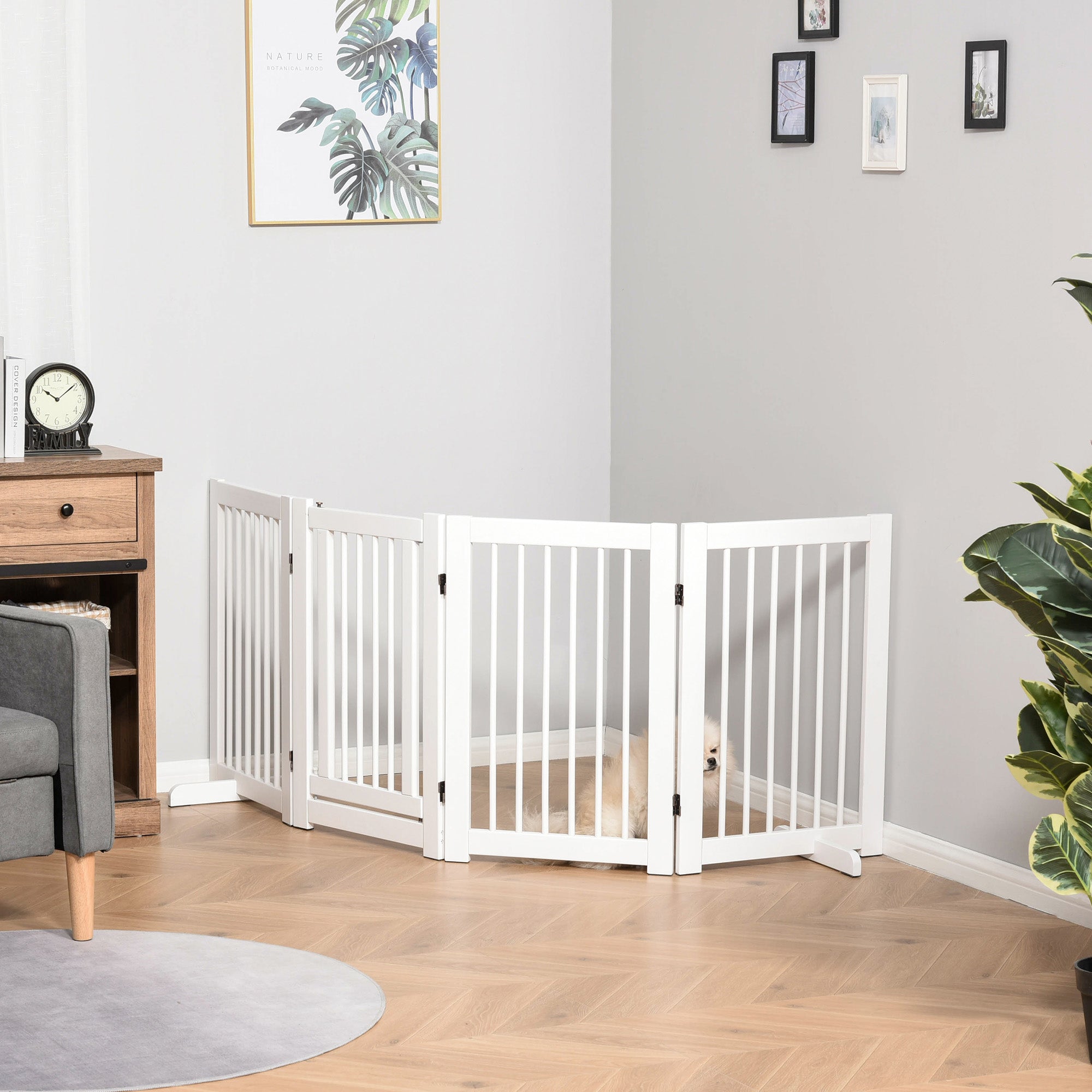 PawHut Free Standing Pet Gate, 4 Panel 36"Tall Foldable Dog Gate with 2 Support Feet for Medium and Large Dogs, for Stairway, Doorway, Hallway, White