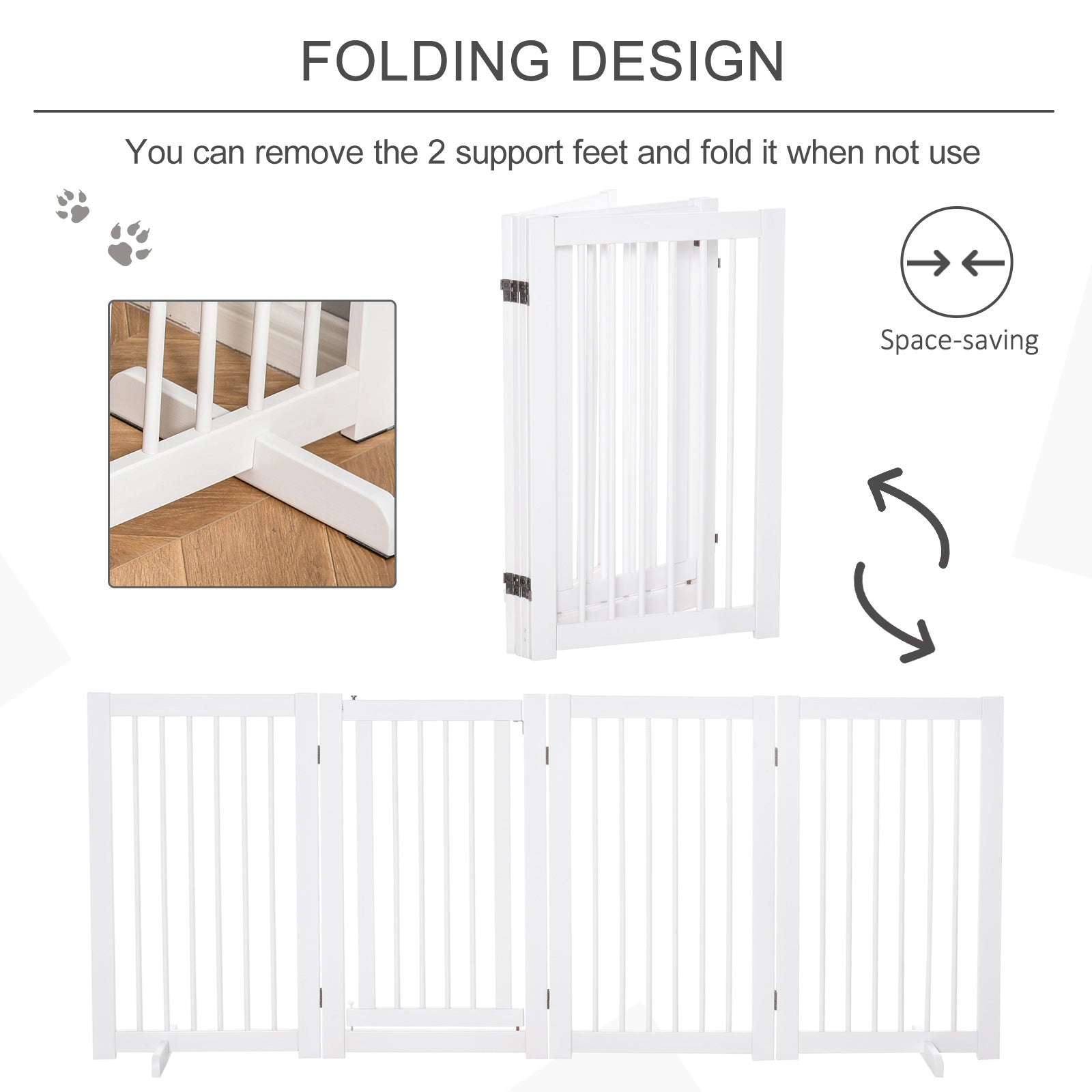 PawHut Free Standing Pet Gate, 4 Panel 36"Tall Foldable Dog Gate with 2 Support Feet for Medium and Large Dogs, for Stairway, Doorway, Hallway, White
