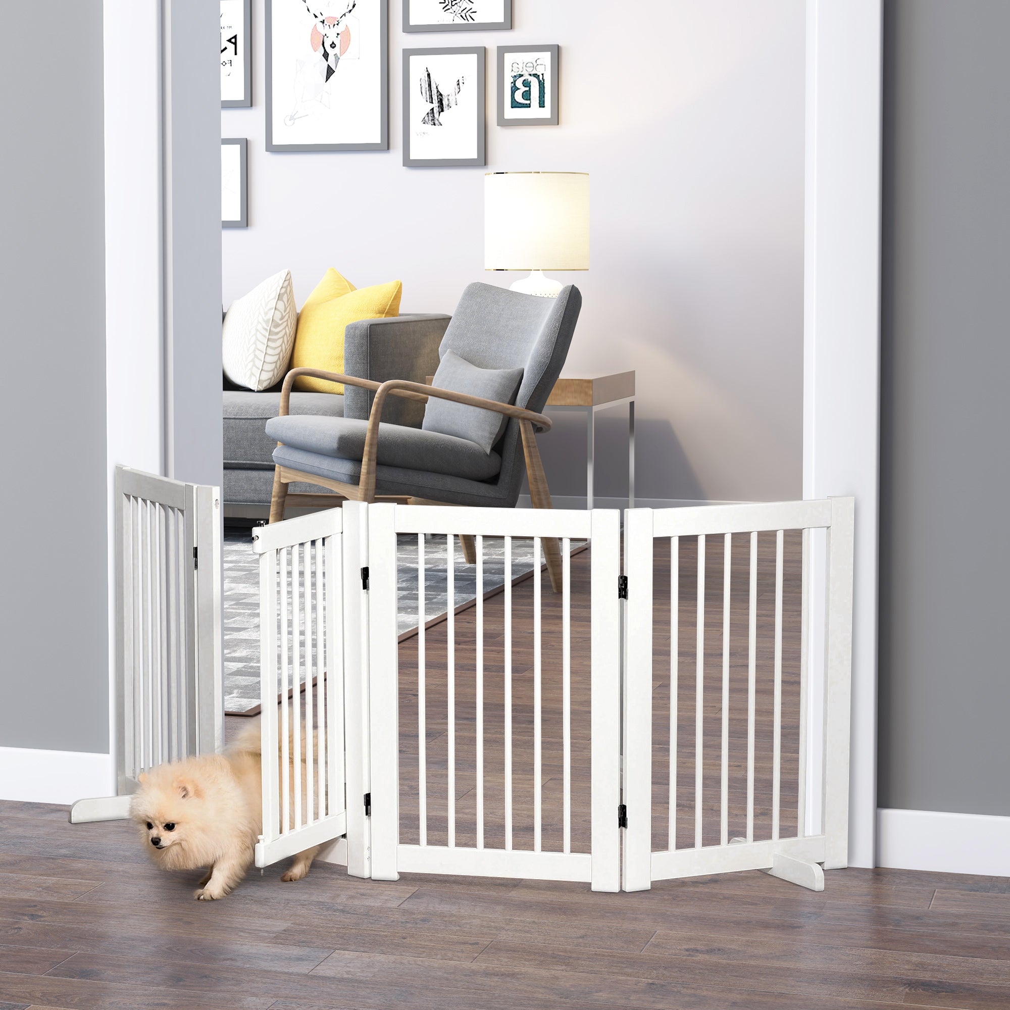 PawHut Free Standing Pet Gate, 4 Panel 36"Tall Foldable Dog Gate with 2 Support Feet for Medium and Large Dogs, for Stairway, Doorway, Hallway, White