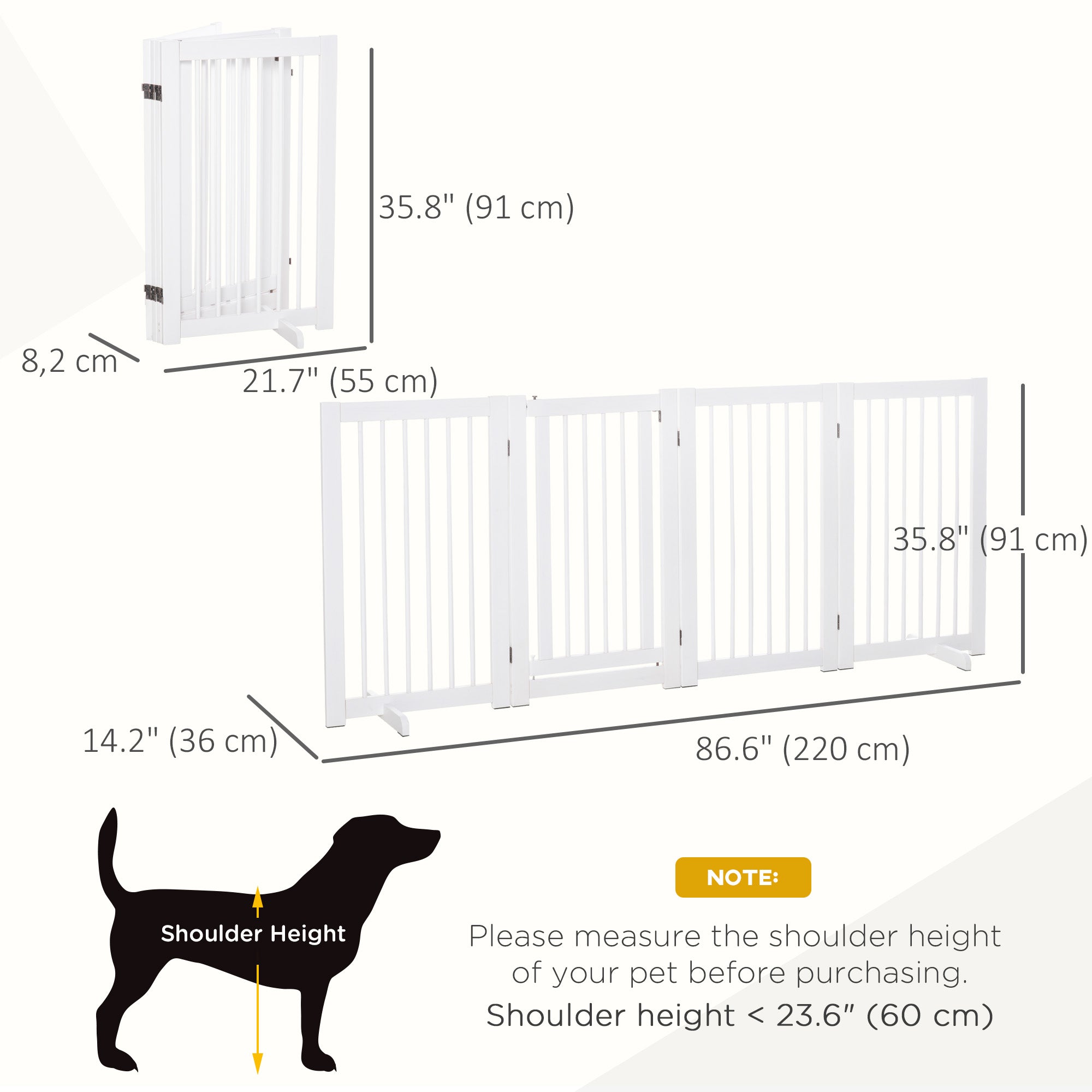 PawHut Free Standing Pet Gate, 4 Panel 36"Tall Foldable Dog Gate with 2 Support Feet for Medium and Large Dogs, for Stairway, Doorway, Hallway, White