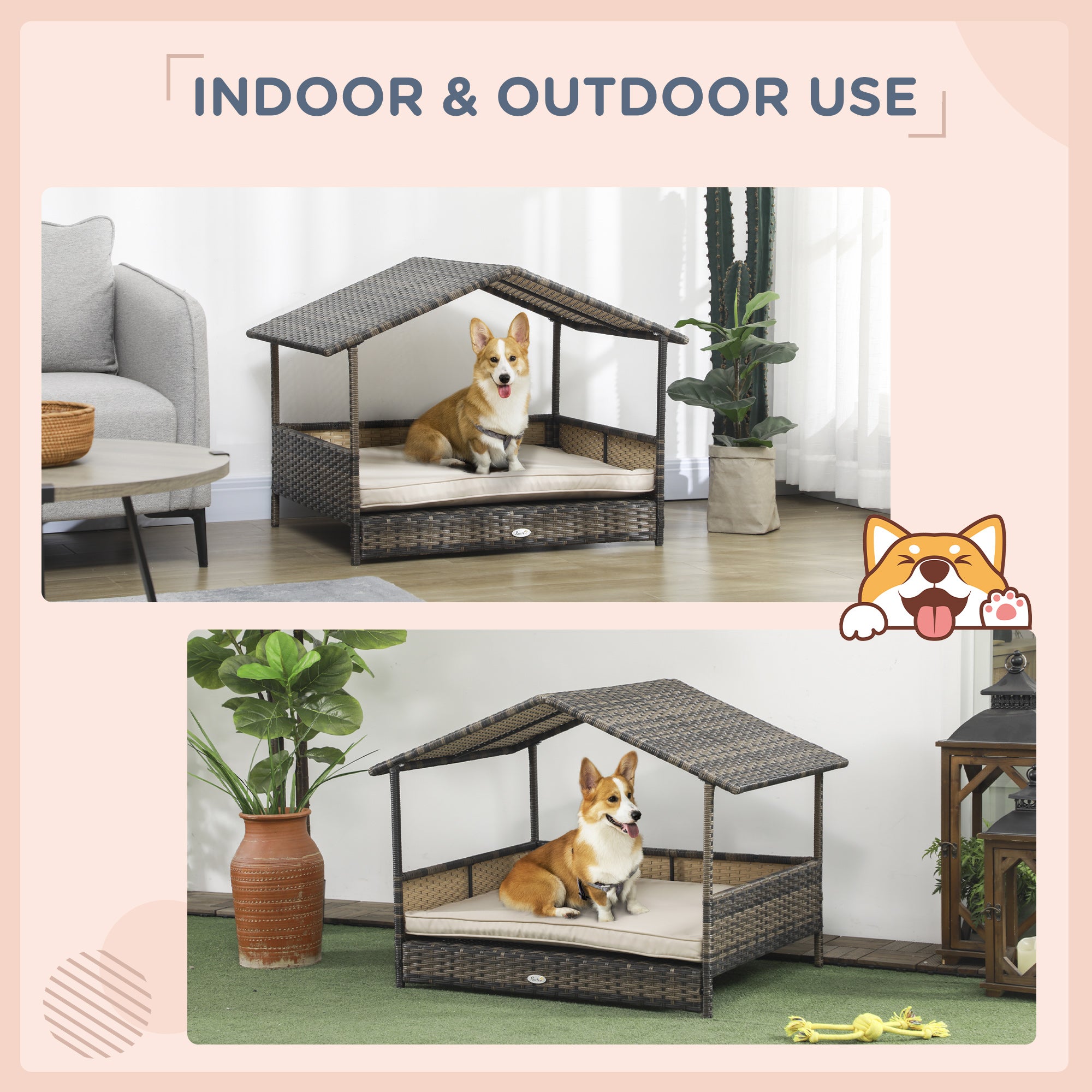 PawHut Wicker Dog House Outdoor with Canopy, Rattan Dog Bed with Water-resistant Cushion, Raised Dog Bed for Small, Medium Dogs up to 66 lbs, 19.75" in Length, Brown Wicker, Khaki Cushion