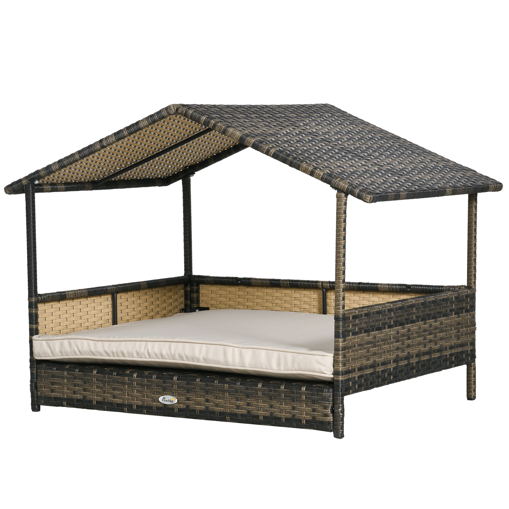 PawHut Wicker Dog House Outdoor with Canopy, Rattan Dog Bed with Water-resistant Cushion, Raised Dog Bed for Small, Medium Dogs up to 66 lbs, 19.75" in Length, Brown Wicker, Khaki Cushion