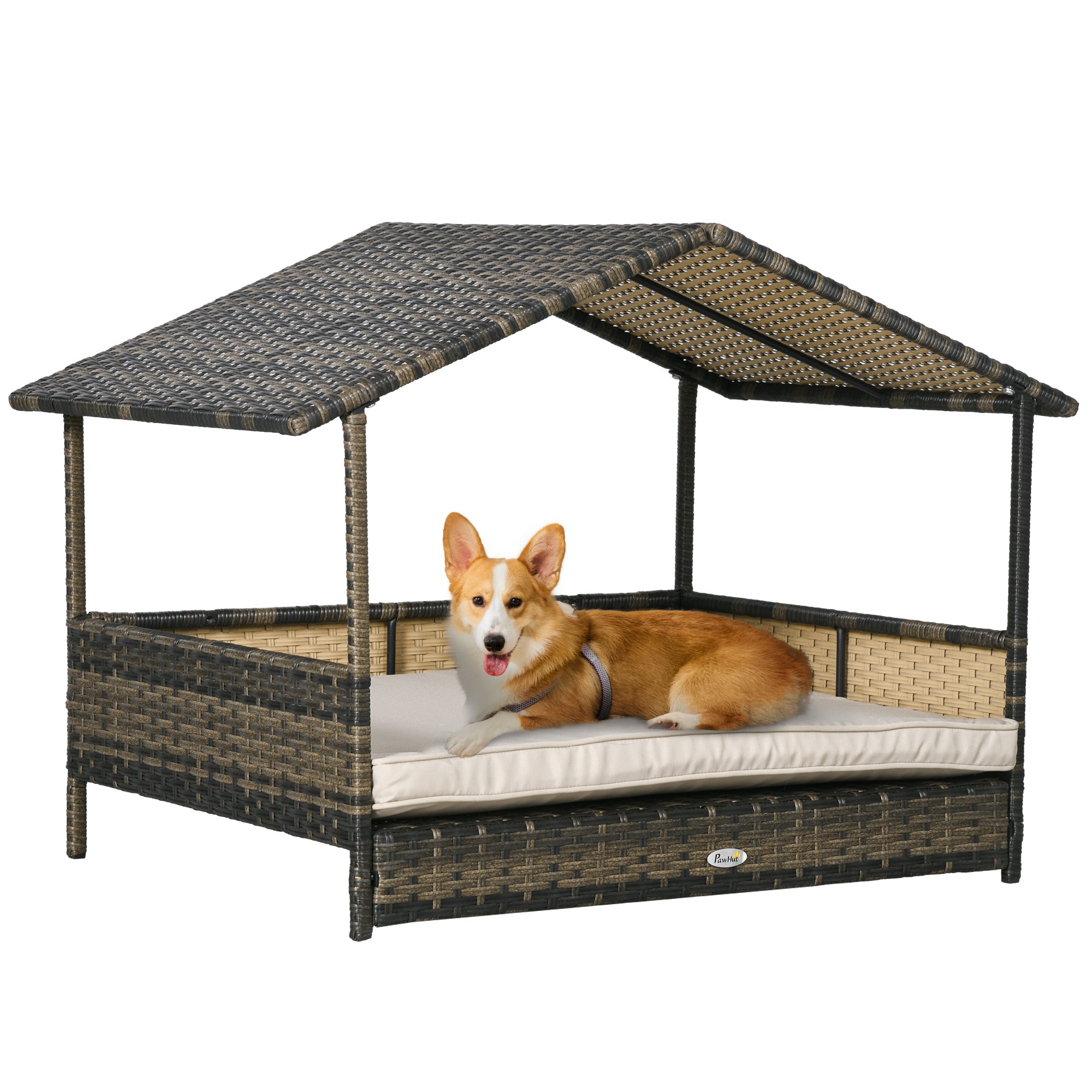 PawHut Wicker Dog House Outdoor with Canopy, Rattan Dog Bed with Water-resistant Cushion, Raised Dog Bed for Small, Medium Dogs up to 66 lbs, 19.75" in Length, Brown Wicker, Khaki Cushion