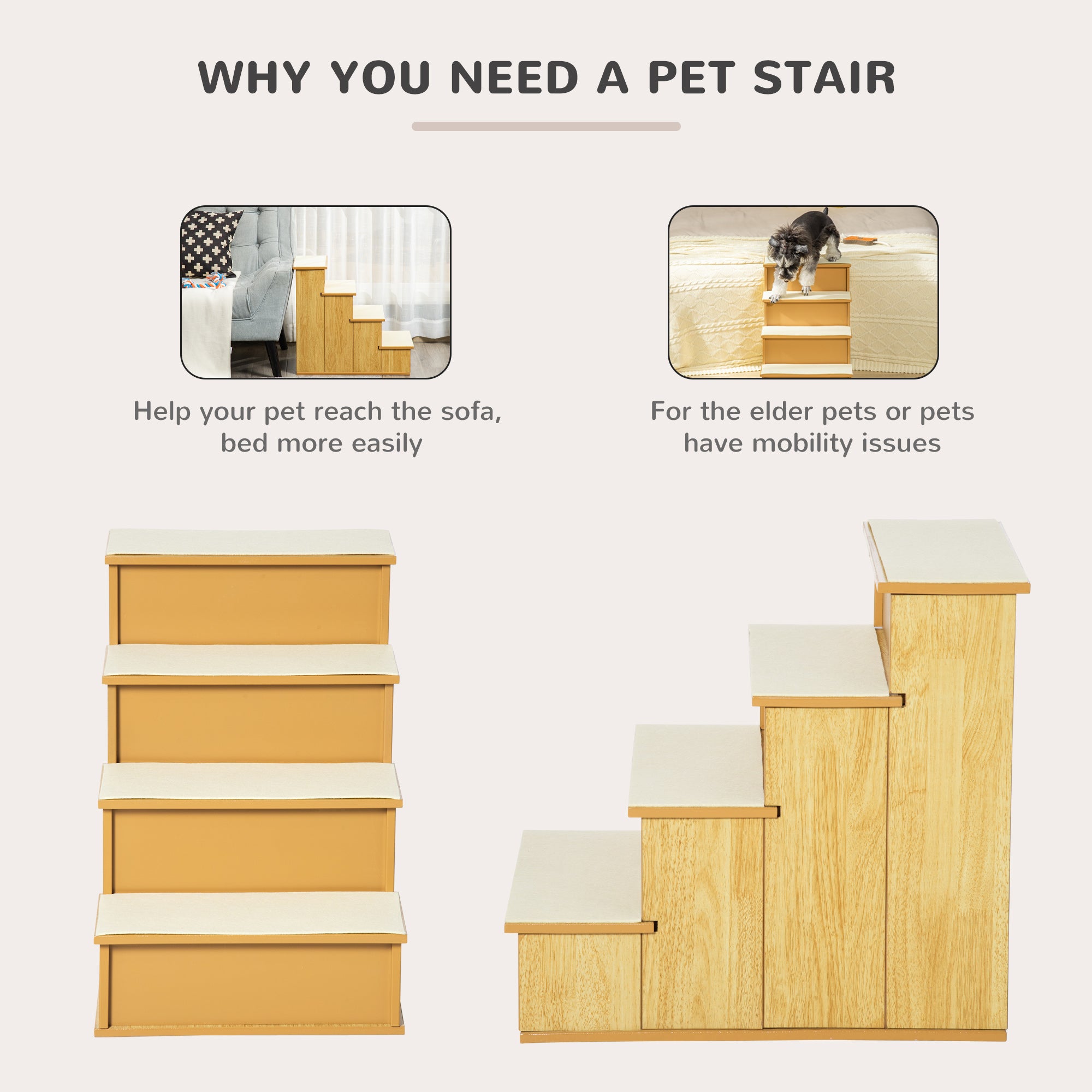 PawHut Pet Stairs Dog Steps for High Bed, 4 Levels Dog Stairs for Car, Wooden Cat Ladder with Non-Slip Carpet, 15.7" L x 23.2" W x 21.3" H, Natural Wood