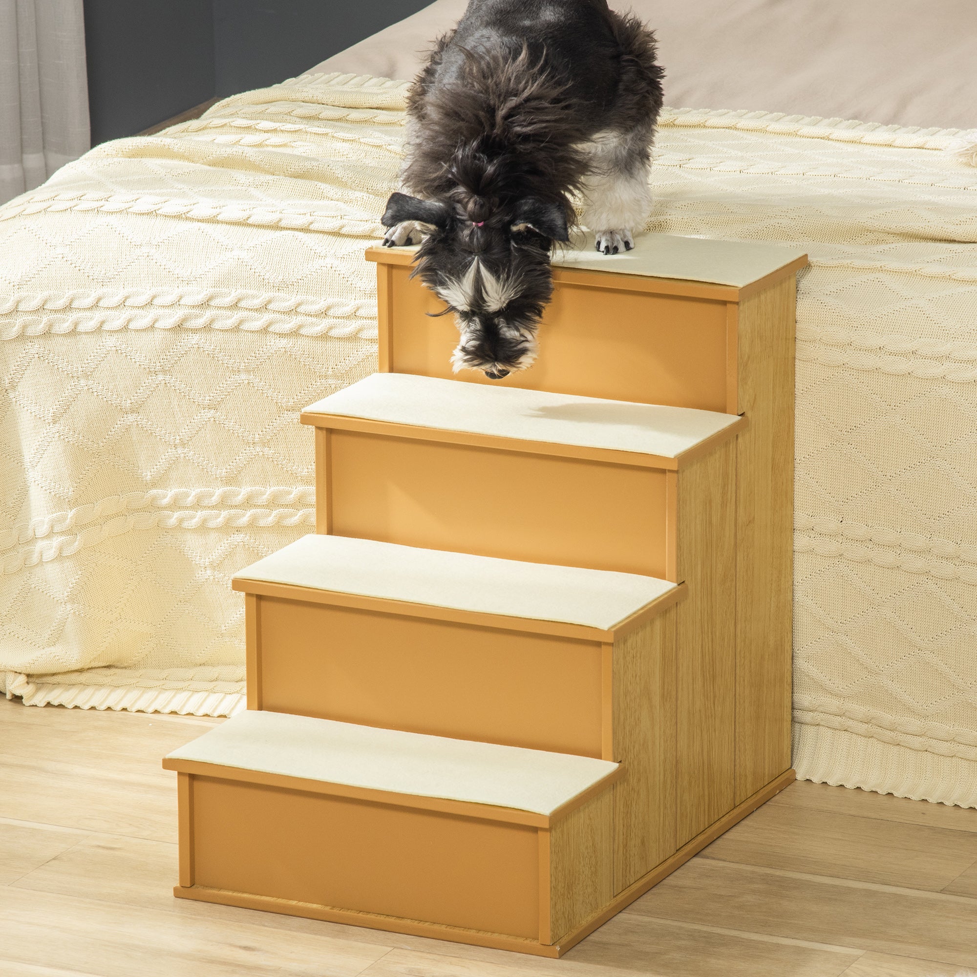PawHut Pet Stairs Dog Steps for High Bed, 4 Levels Dog Stairs for Car, Wooden Cat Ladder with Non-Slip Carpet, 15.7" L x 23.2" W x 21.3" H, Natural Wood