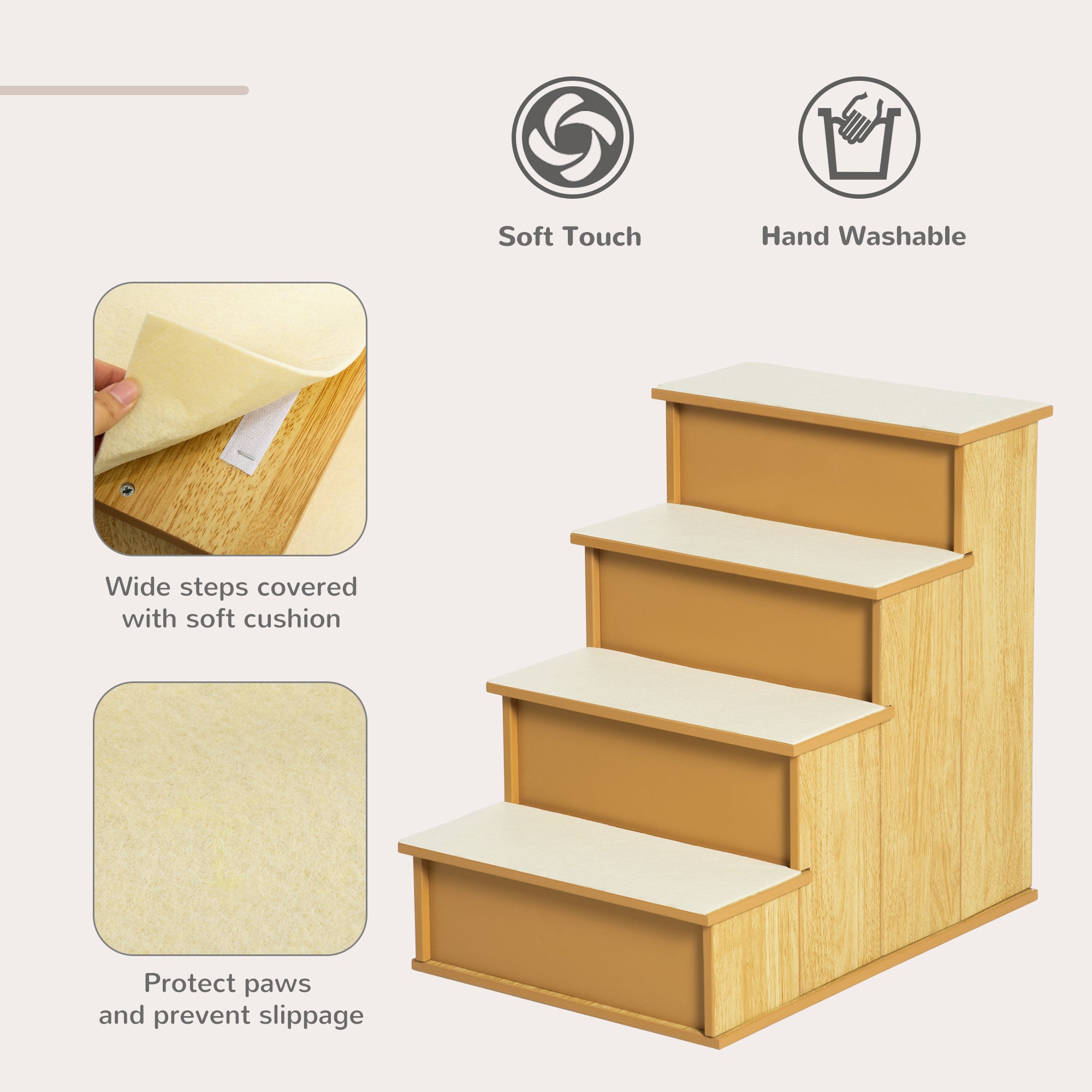 PawHut Pet Stairs, Small Pet Steps with Cushioned Removable Covering for Dogs and Cats Up To 22 lbs. , Natural