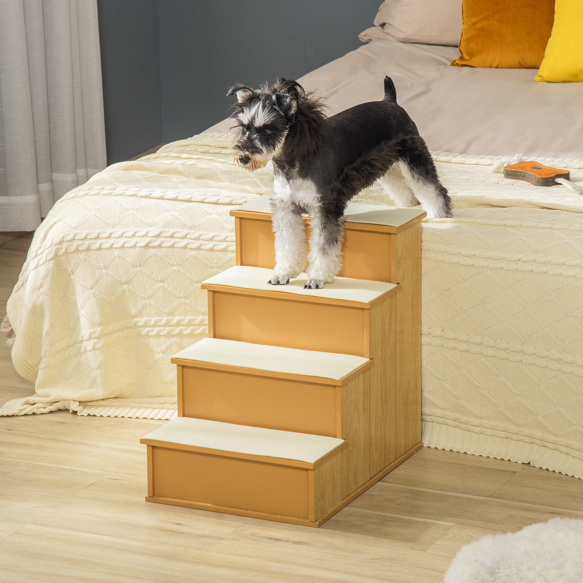 PawHut Pet Stairs Dog Steps for High Bed, 4 Levels Dog Stairs for Car, Wooden Cat Ladder with Non-Slip Carpet, 15.7" L x 23.2" W x 21.3" H, Natural Wood