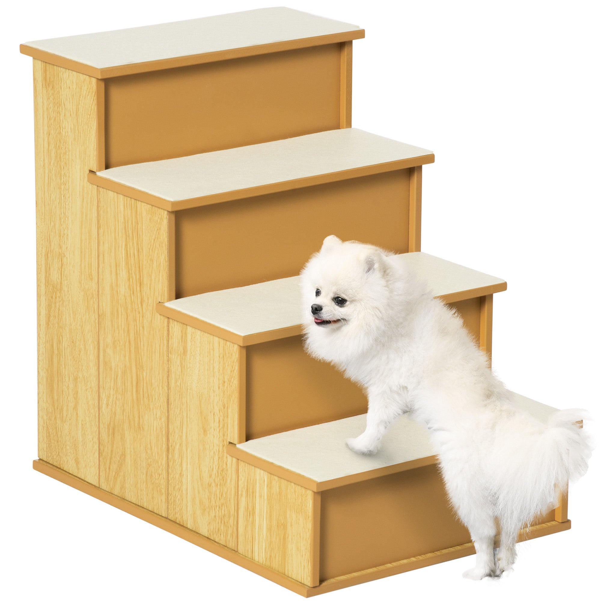 PawHut Pet Stairs Dog Steps for High Bed, 4 Levels Dog Stairs for Car, Wooden Cat Ladder with Non-Slip Carpet, 15.7" L x 23.2" W x 21.3" H, Natural Wood