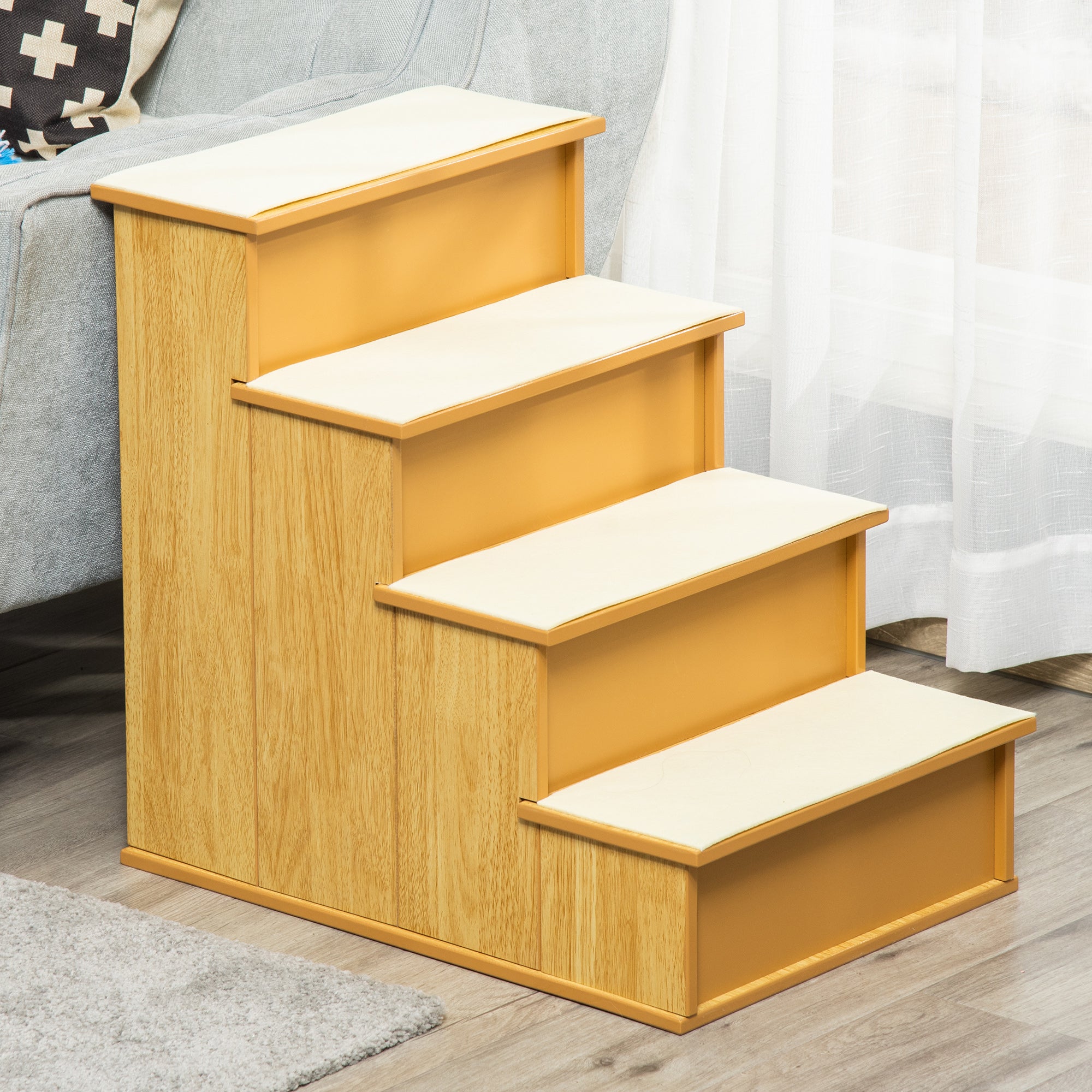 PawHut Pet Stairs Dog Steps for High Bed, 4 Levels Dog Stairs for Car, Wooden Cat Ladder with Non-Slip Carpet, 15.7" L x 23.2" W x 21.3" H, Natural Wood
