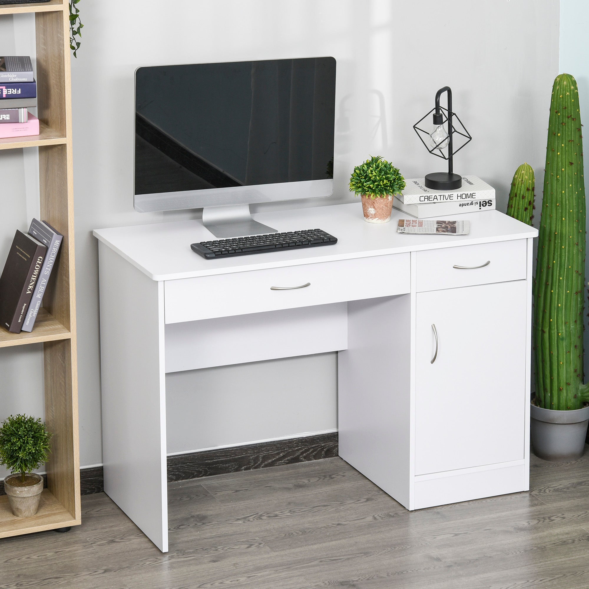 HOMCOM Computer Desk with Storage Drawers, Study Writing Table with Cabinet Adjustable Shelf for Home Office Workstation Bedroom, White