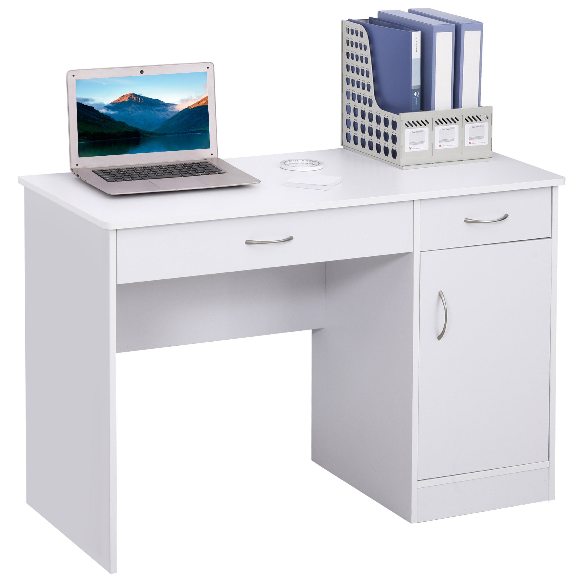 HOMCOM Computer Desk with Storage Drawers, Study Writing Table with Cabinet Adjustable Shelf for Home Office Workstation Bedroom, White