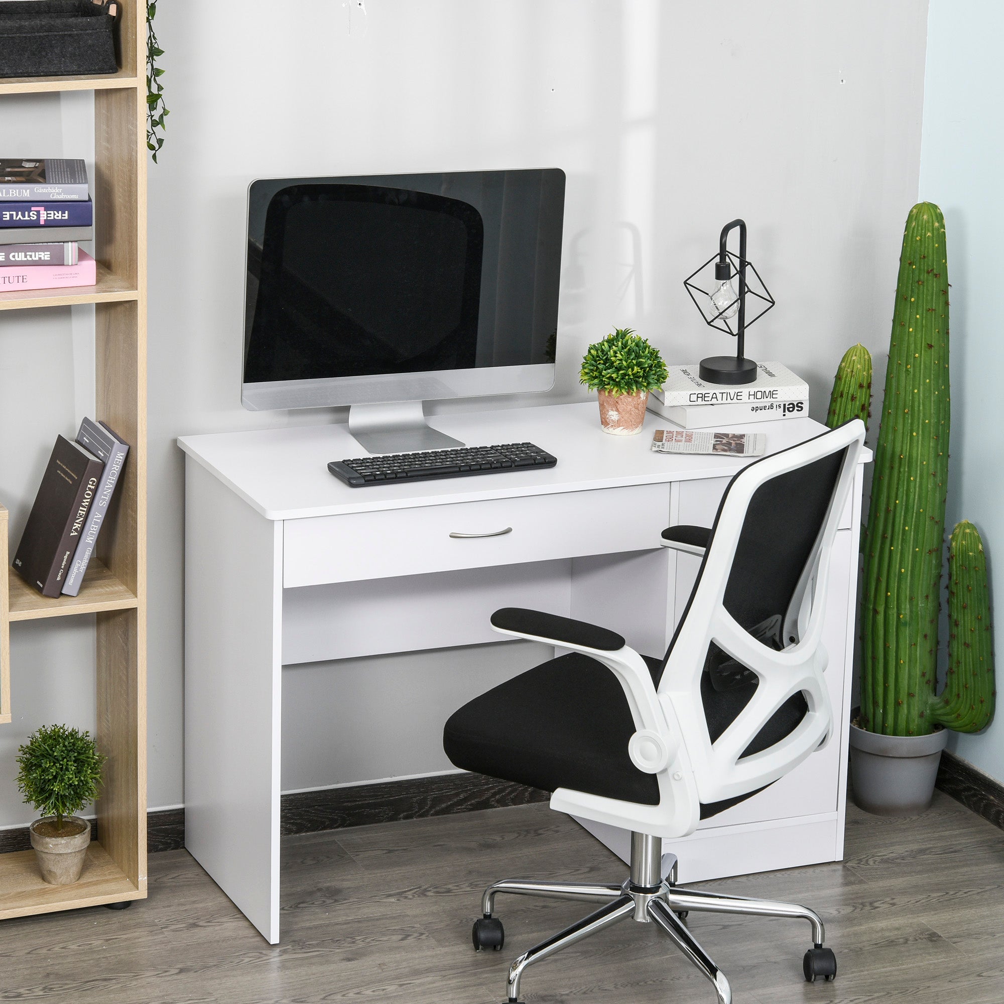 HOMCOM Computer Desk with Storage Drawers, Study Writing Table with Cabinet Adjustable Shelf for Home Office Workstation Bedroom, White