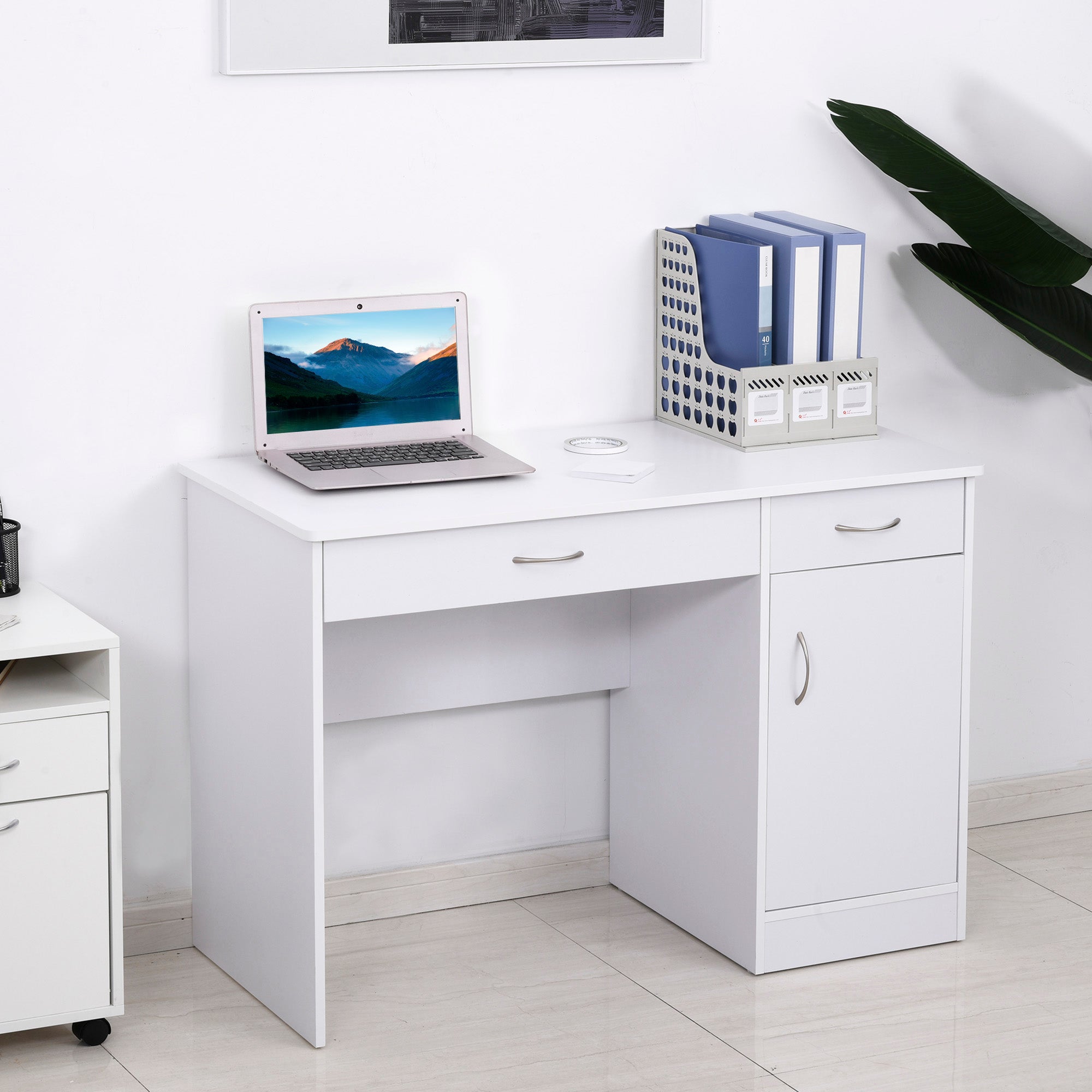 HOMCOM Computer Desk with Storage Drawers, Study Writing Table with Cabinet Adjustable Shelf for Home Office Workstation Bedroom, White