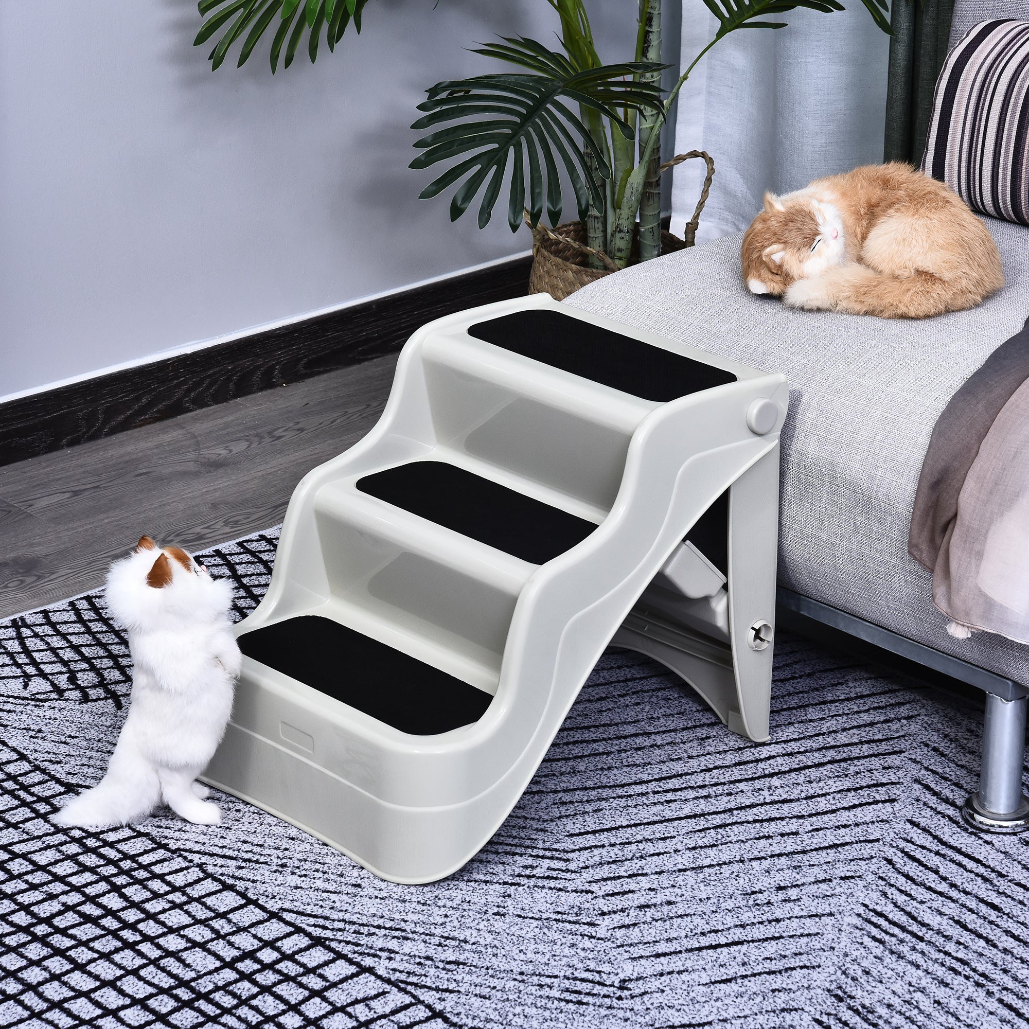PawHut 3-steps Dog Stairs, Plastic Cat Ladder Lightweight, Pet Access Steps, for Bed, Sofa, Non-slip Stickers, White