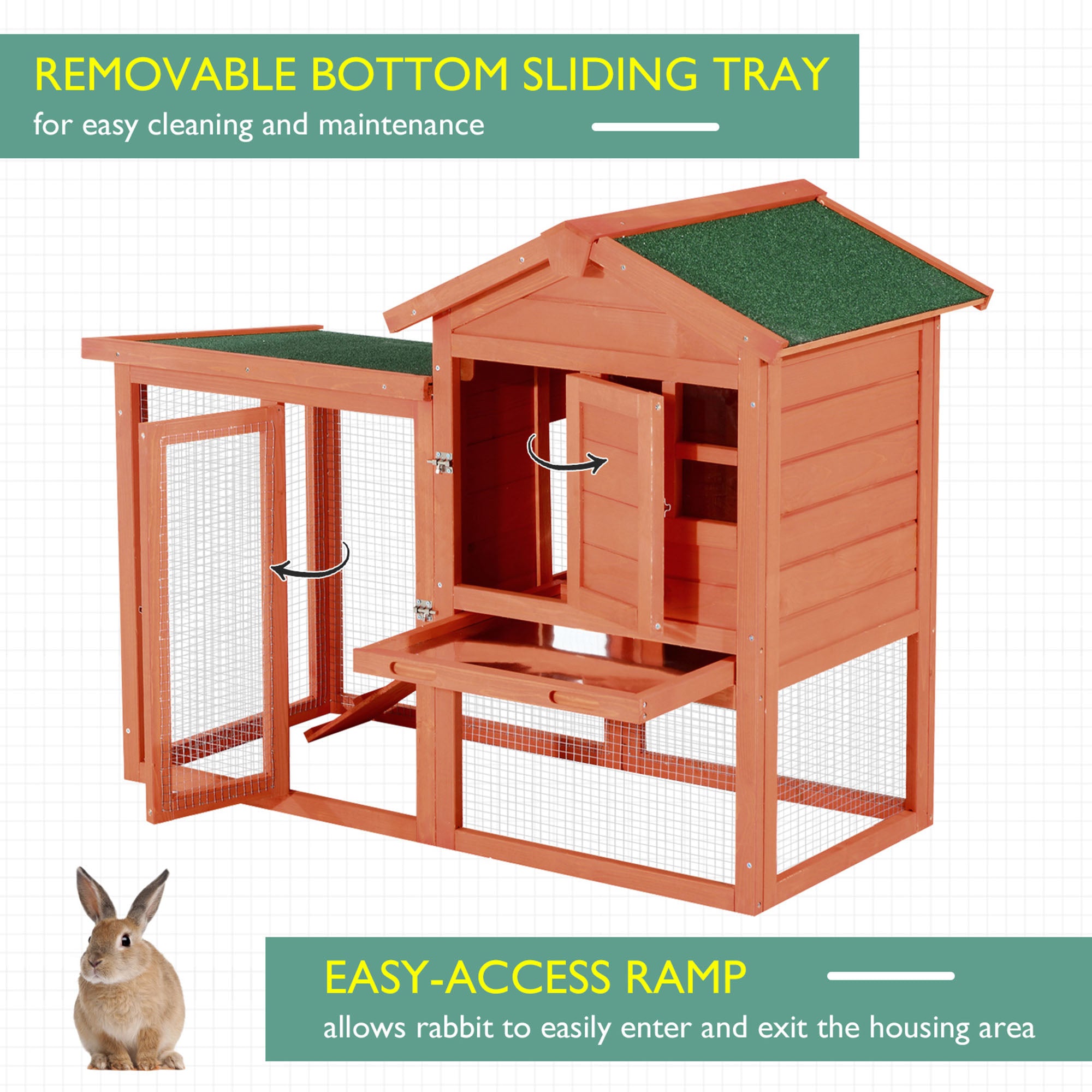 PawHut 48" Weatherproof Wooden Rabbit Hutch With Slant Roof And Screened Outdoor Run, Red