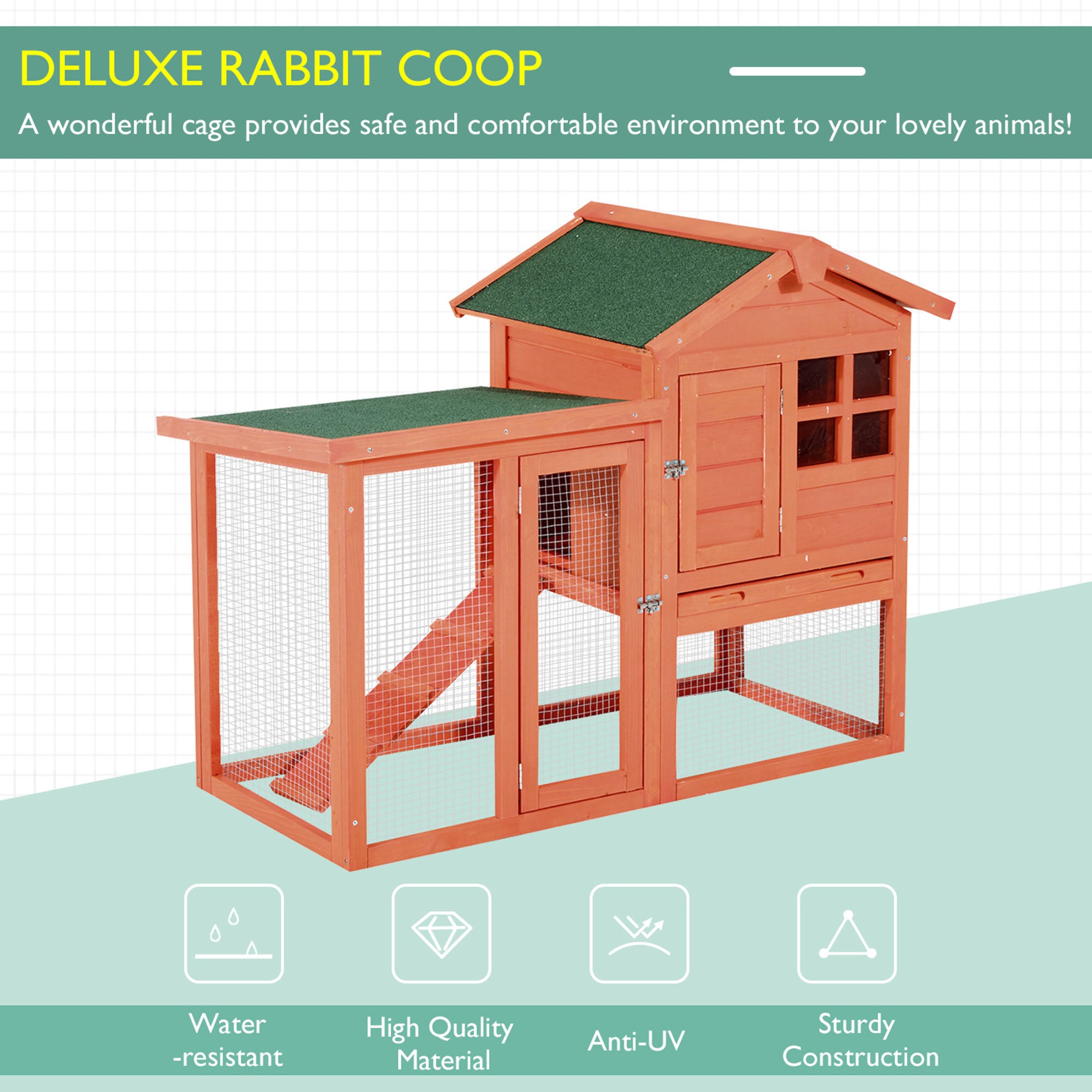 PawHut 48" Weatherproof Wooden Rabbit Hutch With Slant Roof And Screened Outdoor Run, Red
