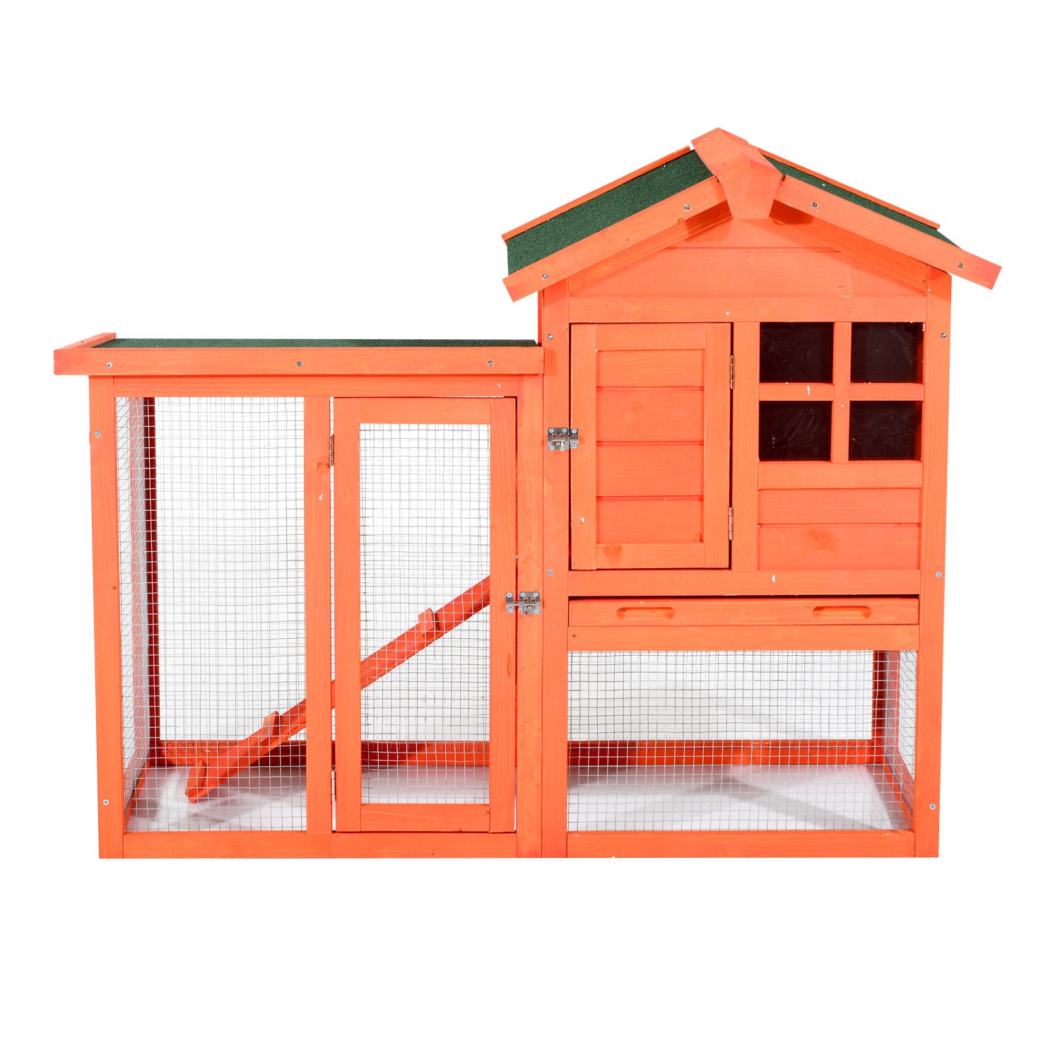 PawHut 48" Weatherproof Wooden Rabbit Hutch With Slant Roof And Screened Outdoor Run, Red