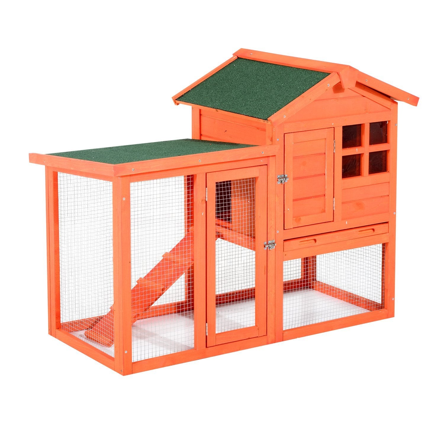 PawHut 48" Weatherproof Wooden Rabbit Hutch With Slant Roof And Screened Outdoor Run, Red