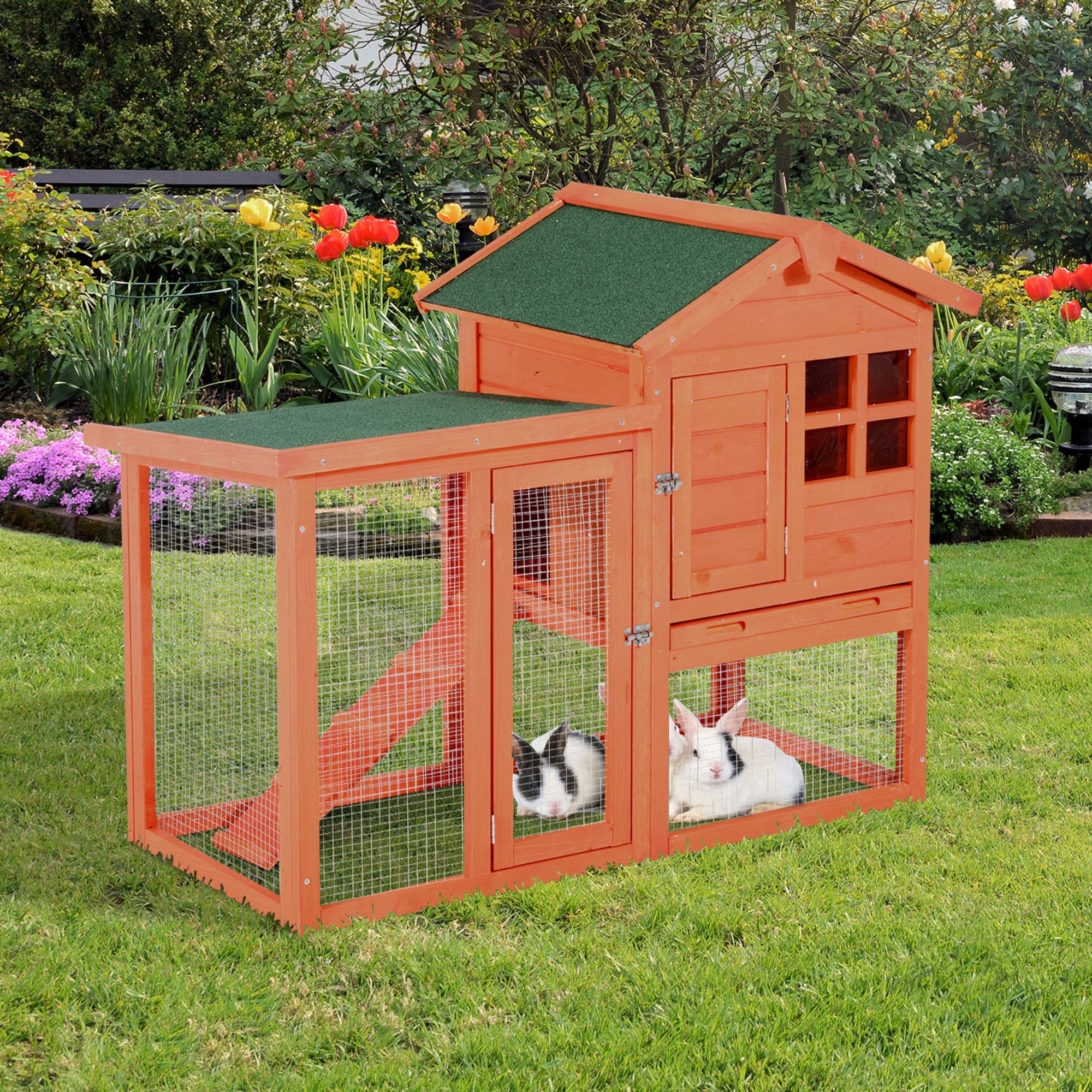 PawHut 48" Weatherproof Wooden Rabbit Hutch With Slant Roof And Screened Outdoor Run, Red