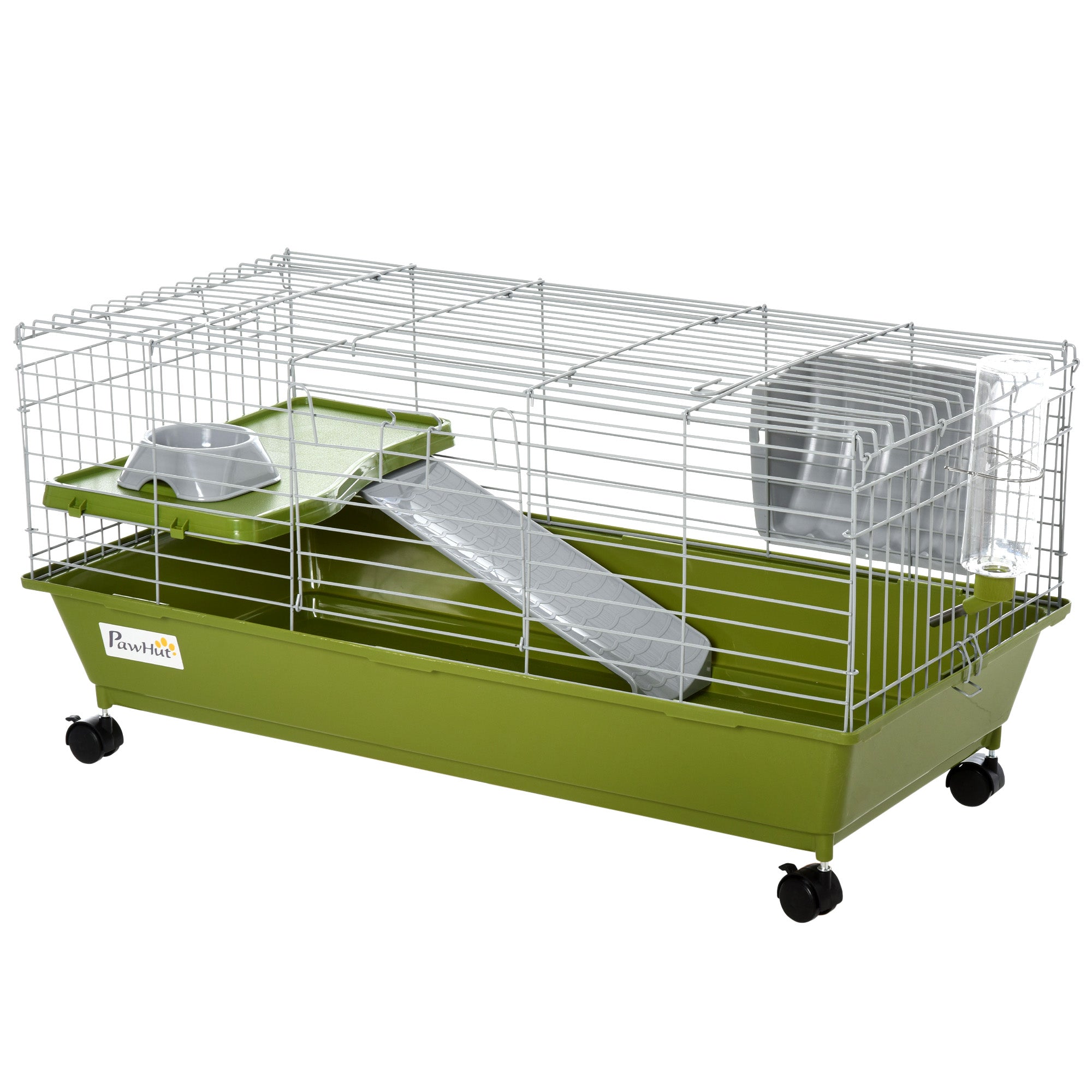 PawHut 35" Small Animal Cage, Rolling Bunny Cage, Guinea Pig Cage with Food Dish, Water Bottle, Hay Feeder, Platform, Ramp for Ferret Chinchilla, Green
