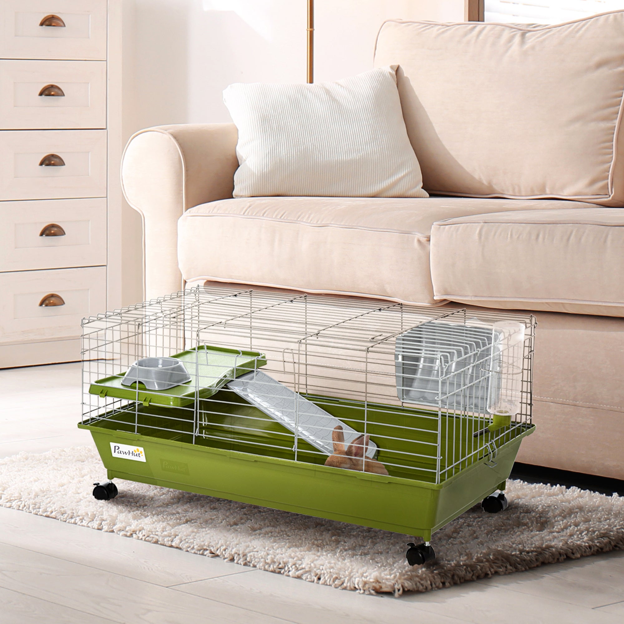 PawHut Small Animal Cage Rabbit Guinea Pigs Chinchillas Cage w/ Wheels Water Bottle Food Dish Platform Ramp 89 x 44 x 43 cm Green