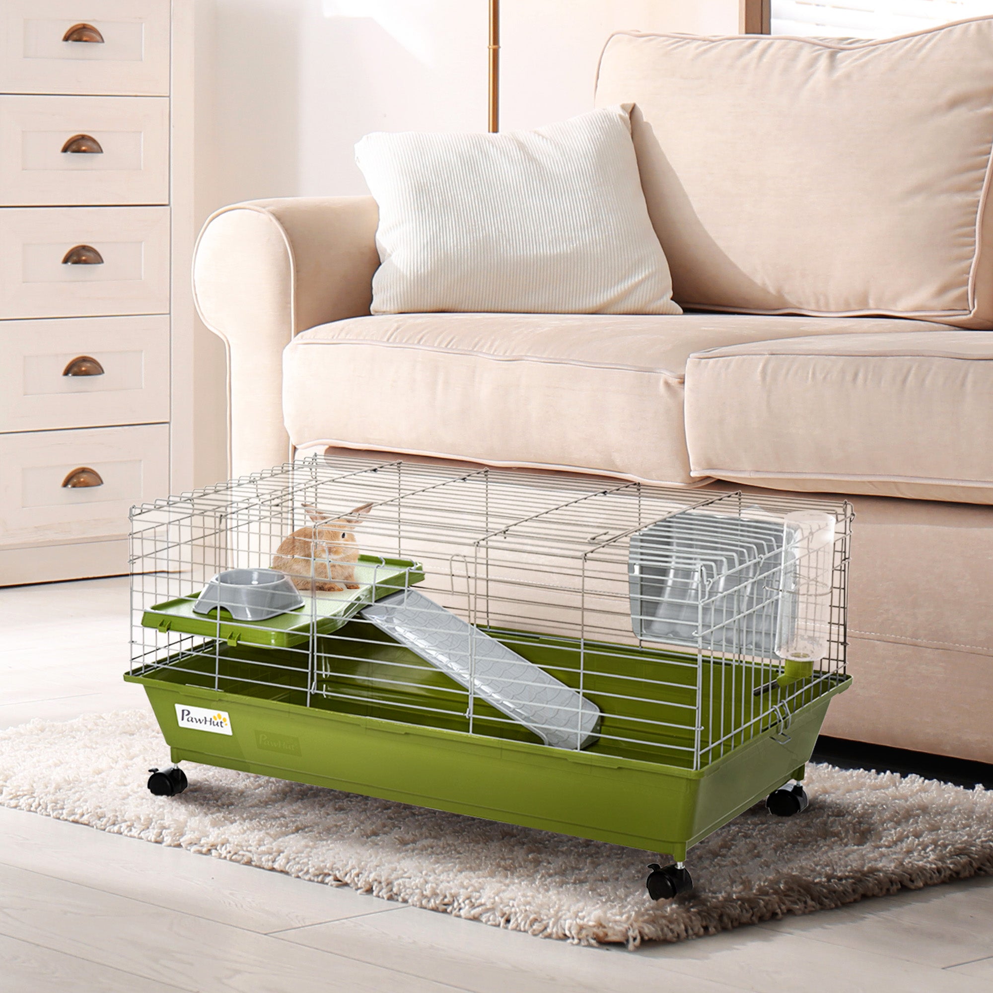 PawHut 35" Small Animal Cage, Rolling Bunny Cage, Guinea Pig Cage with Food Dish, Water Bottle, Hay Feeder, Platform, Ramp for Ferret Chinchilla, Green