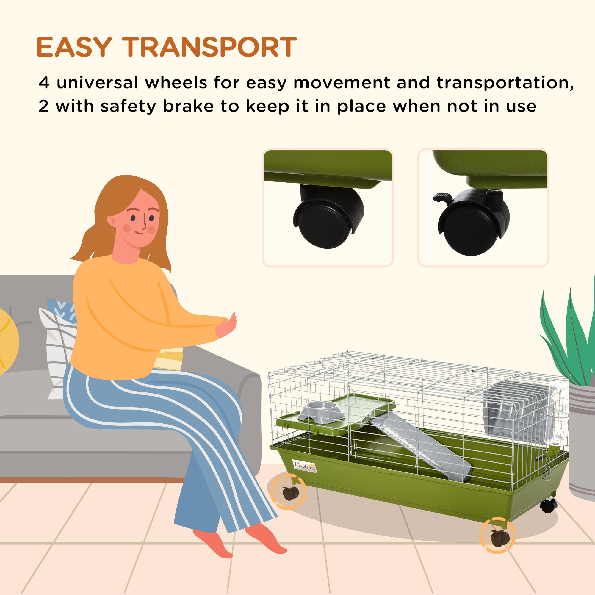 PawHut 35" Small Animal Cage, Rolling Bunny Cage, Guinea Pig Cage with Food Dish, Water Bottle, Hay Feeder, Platform, Ramp for Ferret Chinchilla, Green