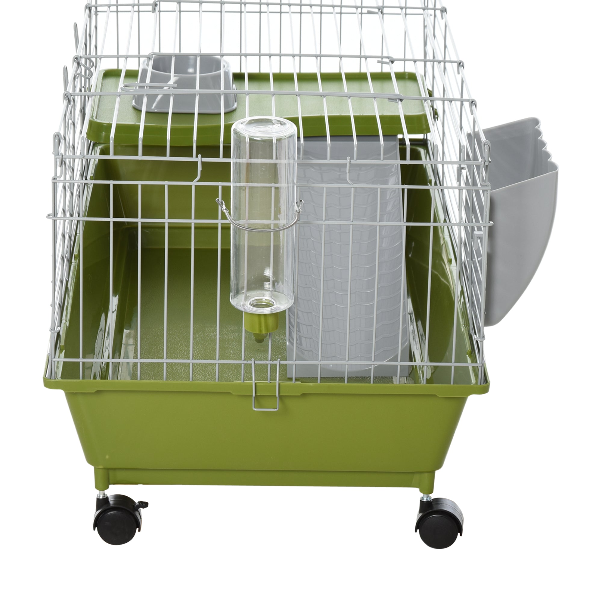 PawHut 35" Small Animal Cage, Rolling Bunny Cage, Guinea Pig Cage with Food Dish, Water Bottle, Hay Feeder, Platform, Ramp for Ferret Chinchilla, Green