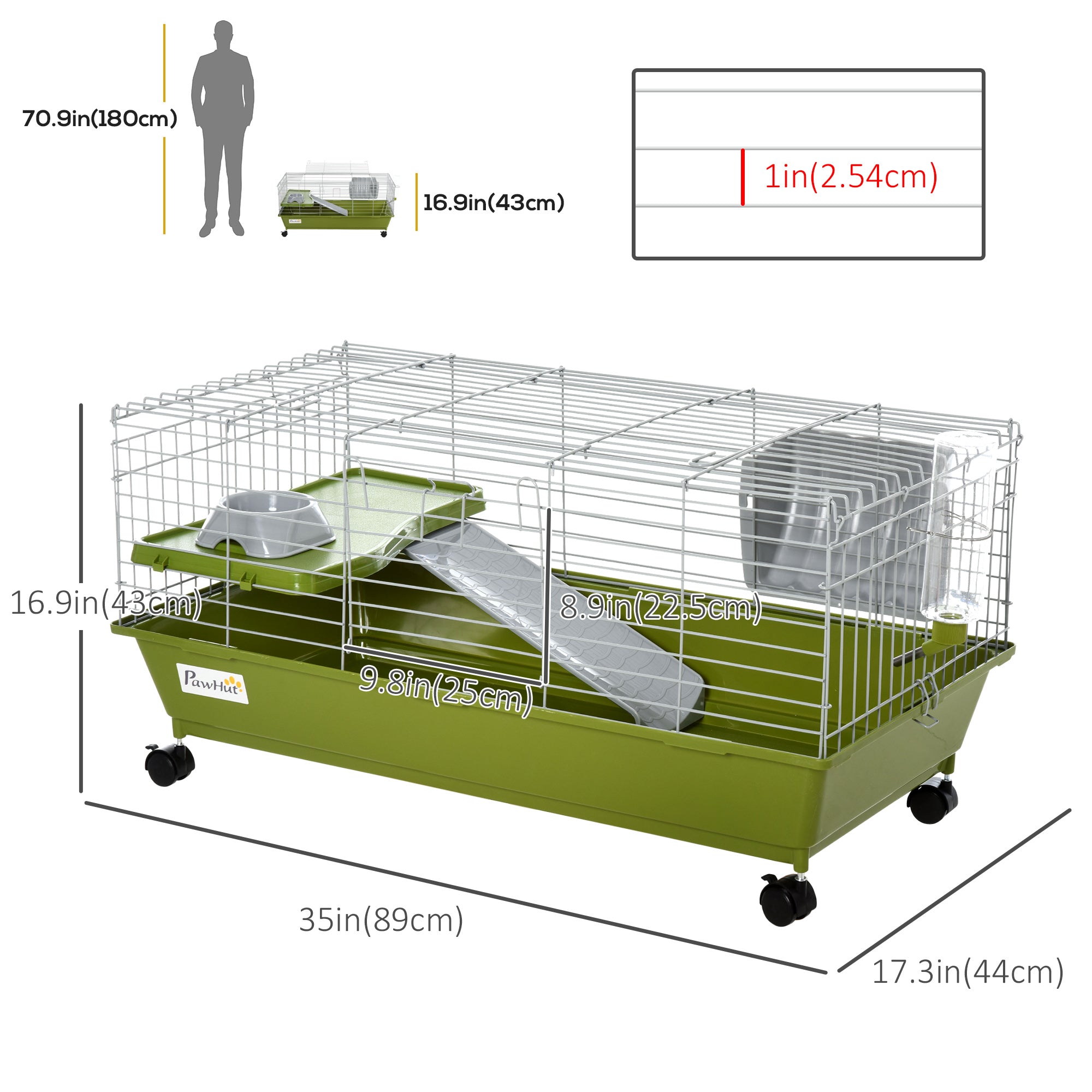 PawHut 35" Small Animal Cage, Rolling Bunny Cage, Guinea Pig Cage with Food Dish, Water Bottle, Hay Feeder, Platform, Ramp for Ferret Chinchilla, Green