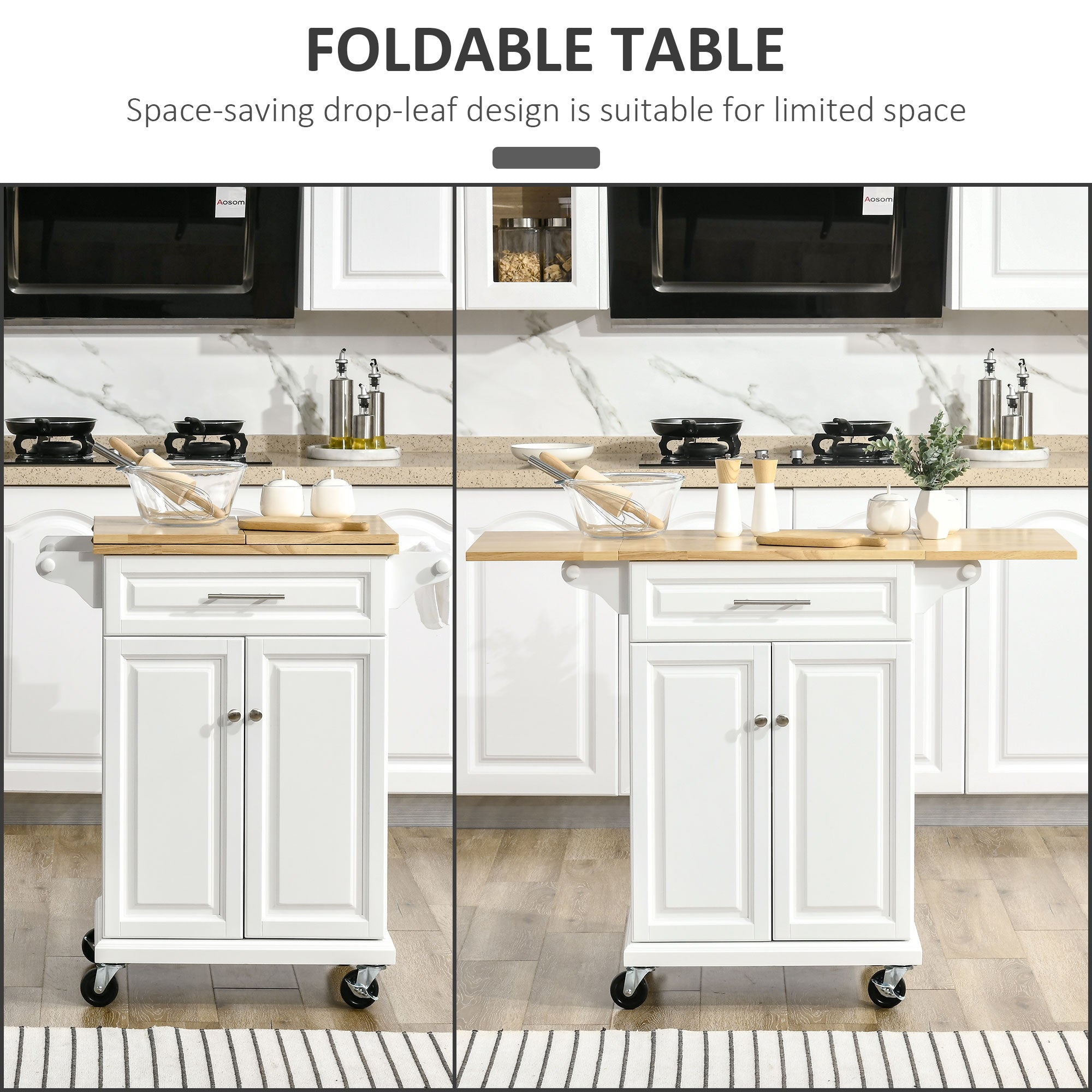 HOMCOM Extendable Kitchen Island Cart on Wheels with Counter Drawer Cabinet, Towel Racks Versatile Use for Dining Kitchens Rooms