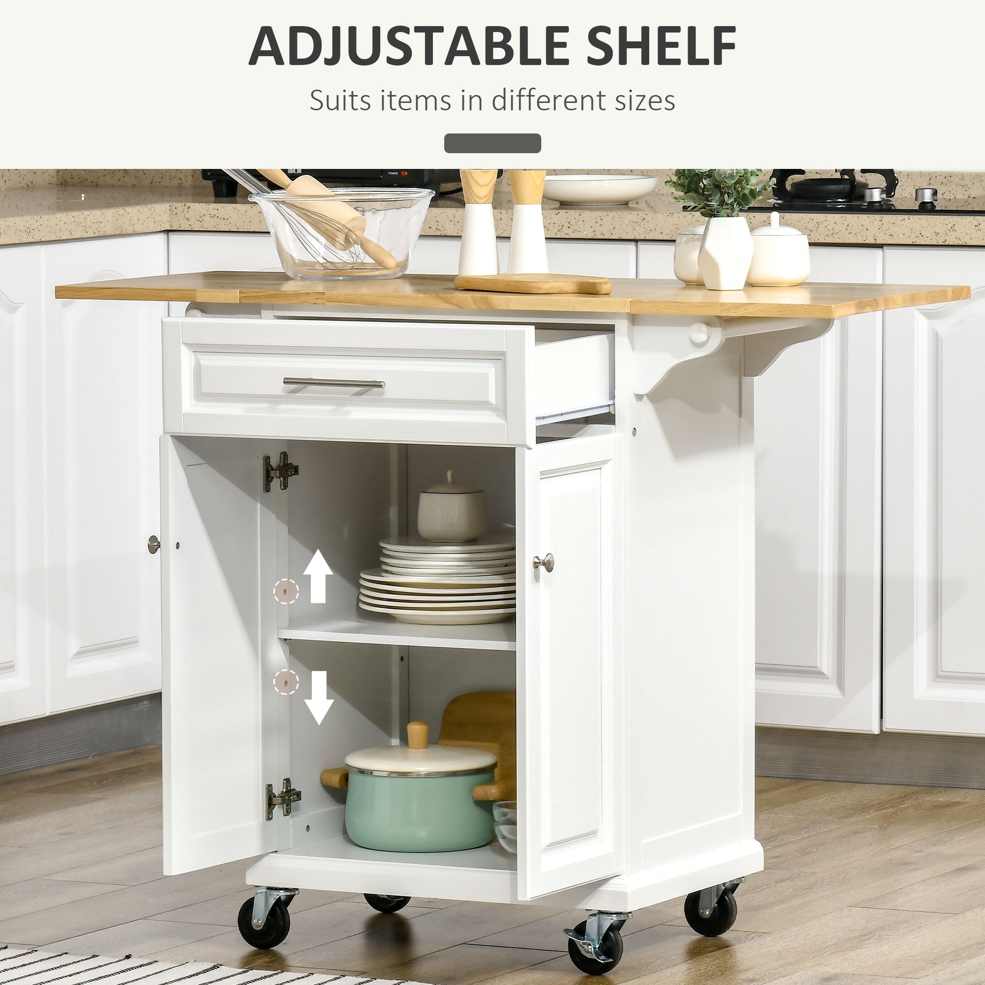 HOMCOM Extendable Kitchen Island Cart on Wheels with Counter Drawer Cabinet, Towel Racks Versatile Use for Dining Kitchens Rooms