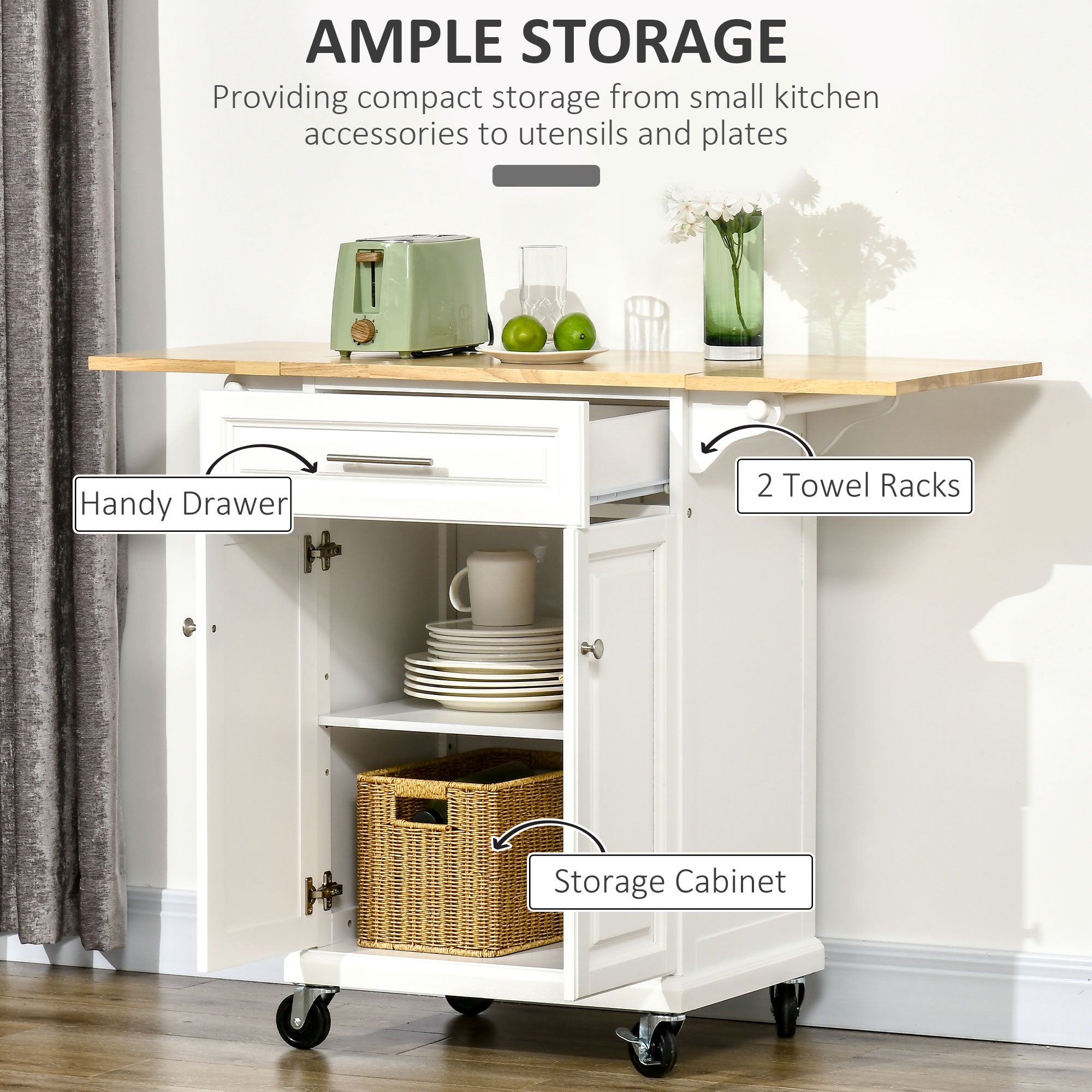 HOMCOM Extendable Kitchen Island Cart on Wheels with Counter Drawer Cabinet, Towel Racks Versatile Use for Dining Kitchens Rooms